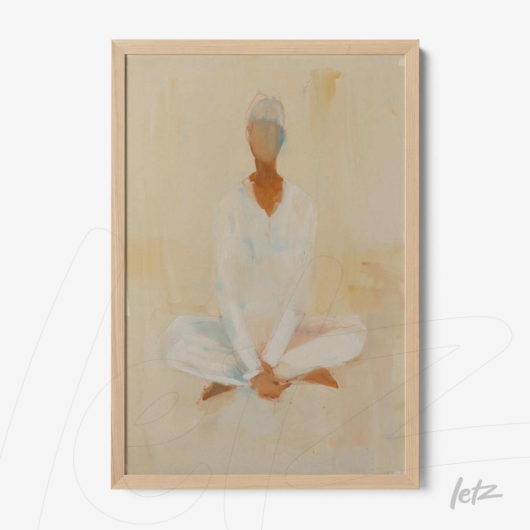abstract wall art of a seated human figure in meditation pose with a neutral background in light wooden frame
