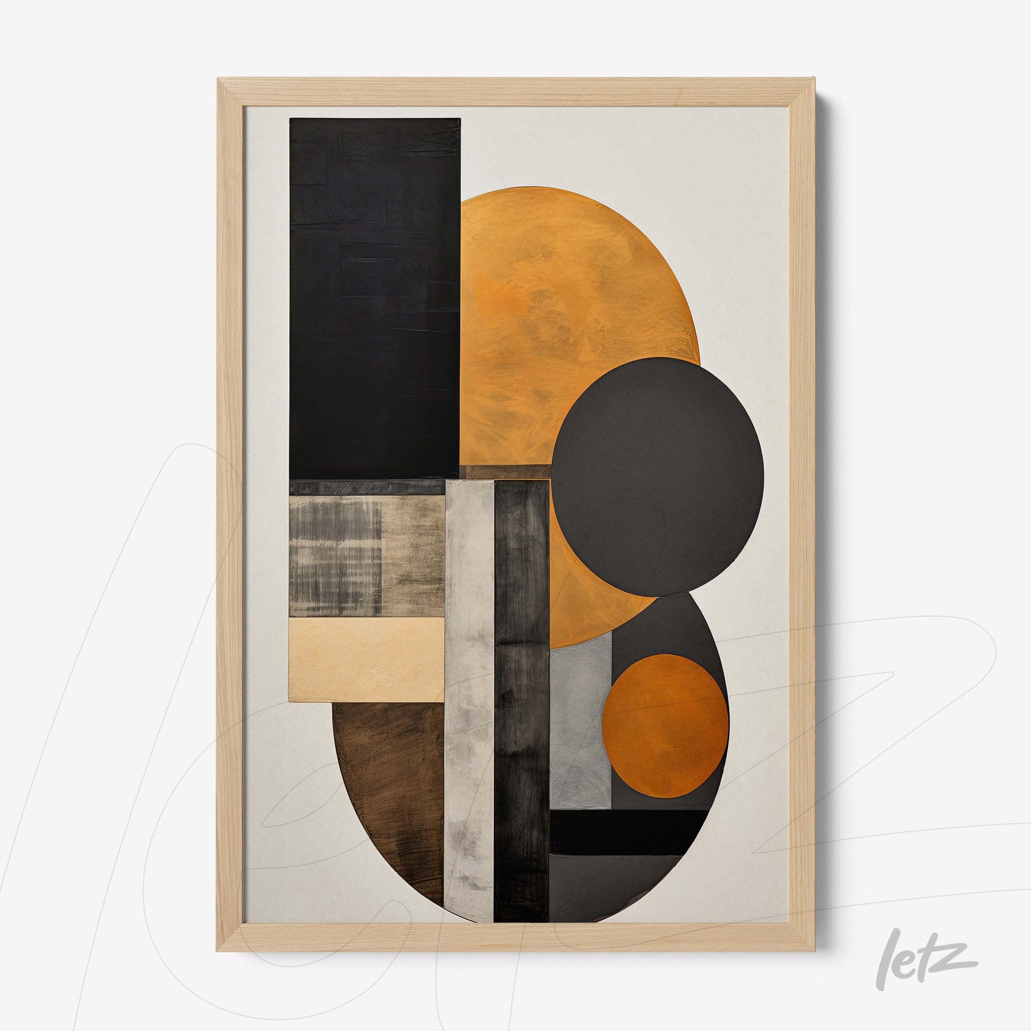 framed abstract art in shades of orange and black with light wood frame