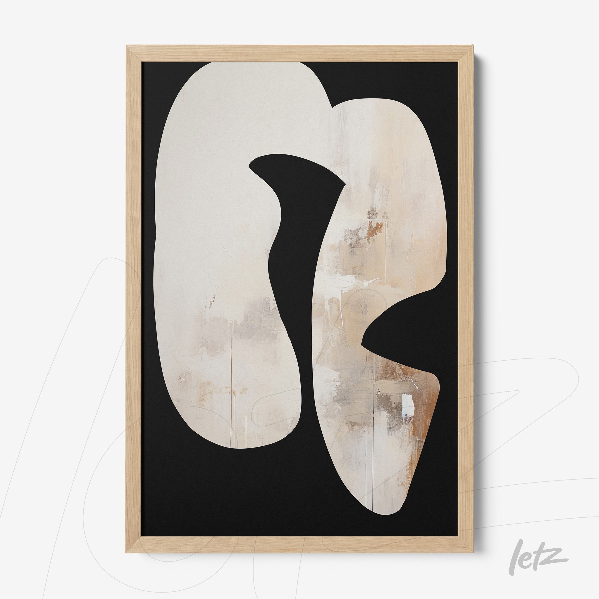abstract wall art featuring organic shapes on a black background with light wood frame