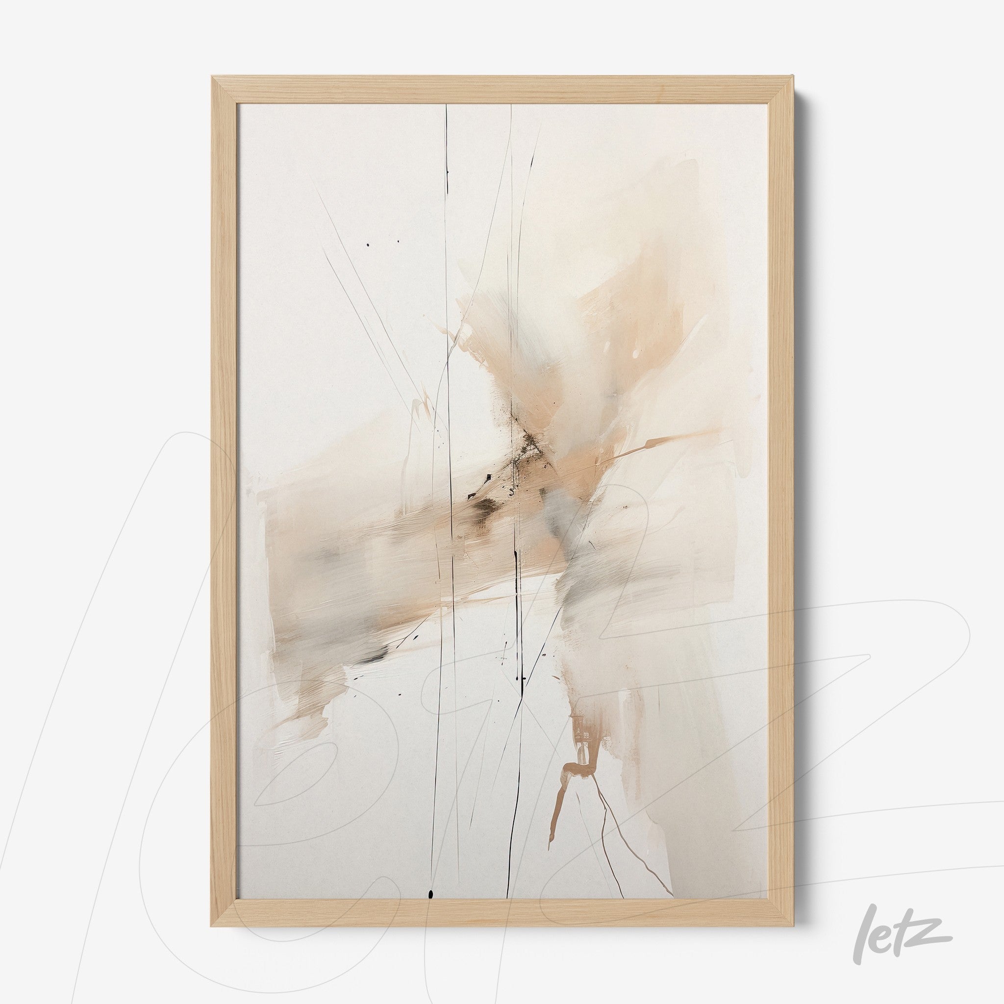 abstract art print in shades of beige and gray in light wood frame