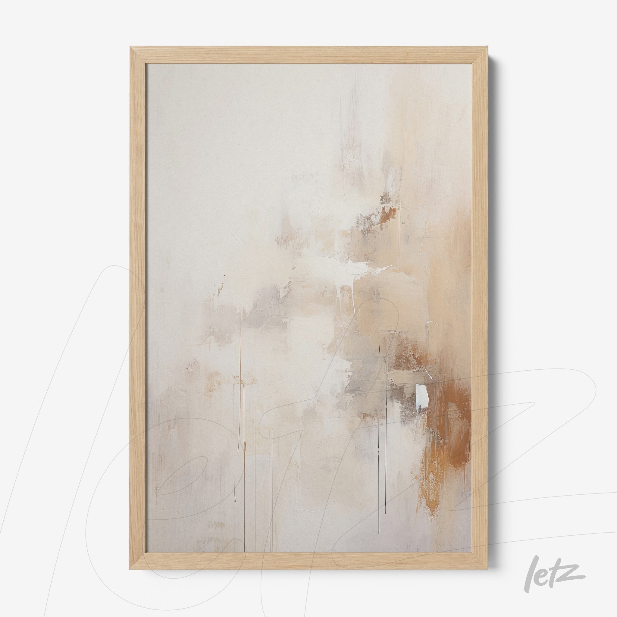 abstract wall art with soft shades of beige and brown in light wood frame