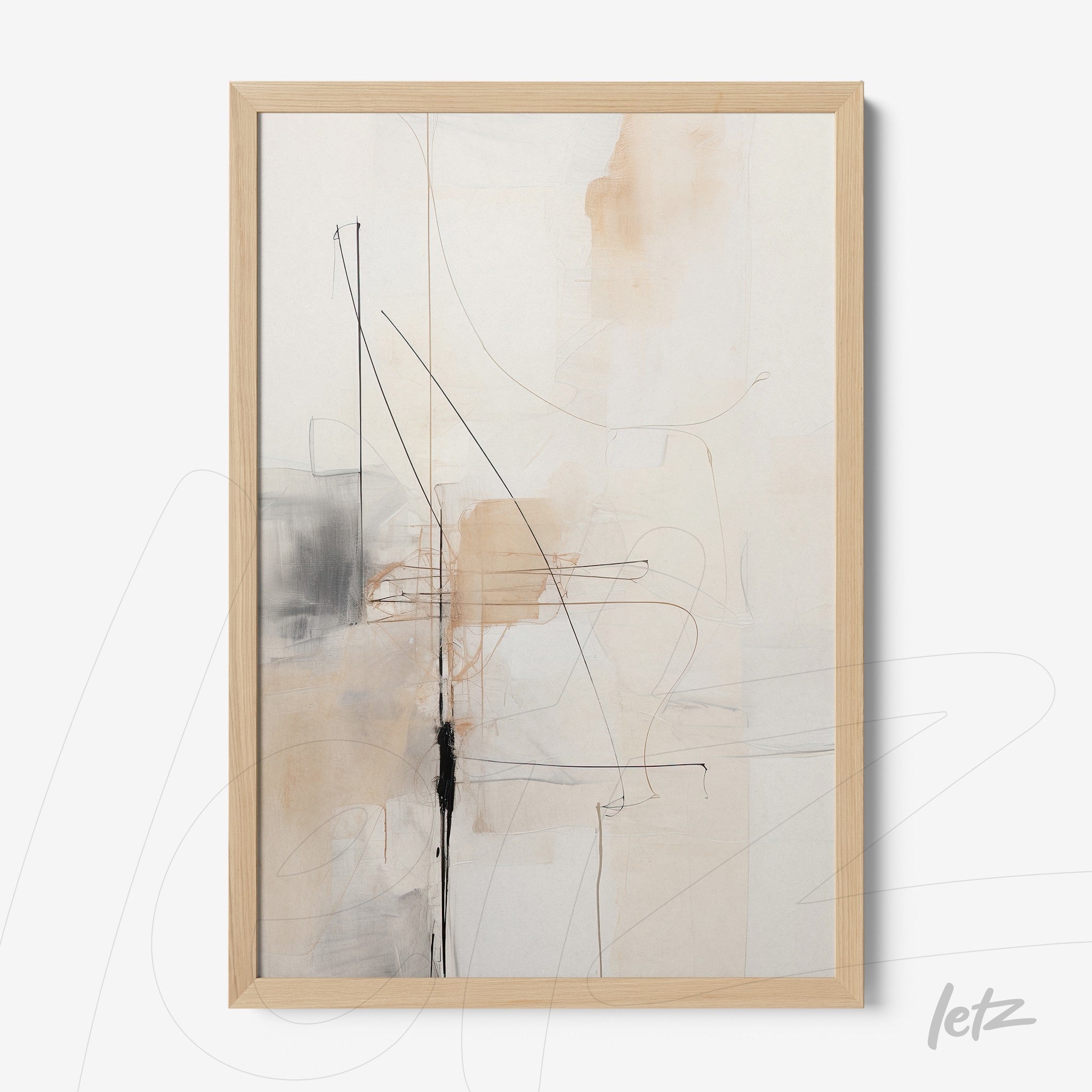 framed abstract art in neutral tones featuring black lines and a light background with a natural wood frame
