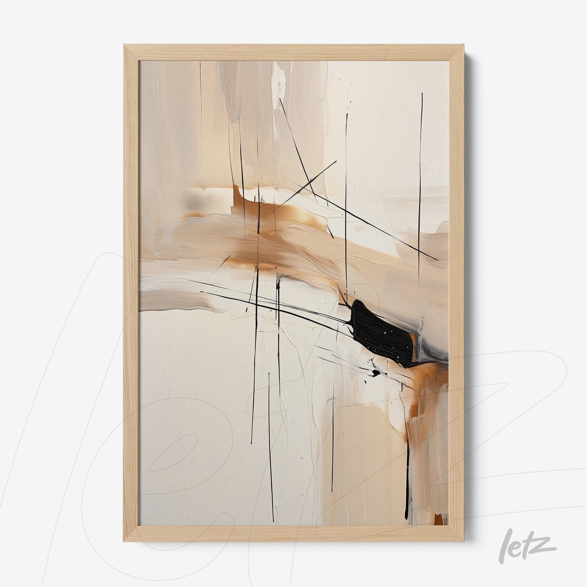 framed wall art featuring abstract painting in neutral tones with black lines, light wood frame