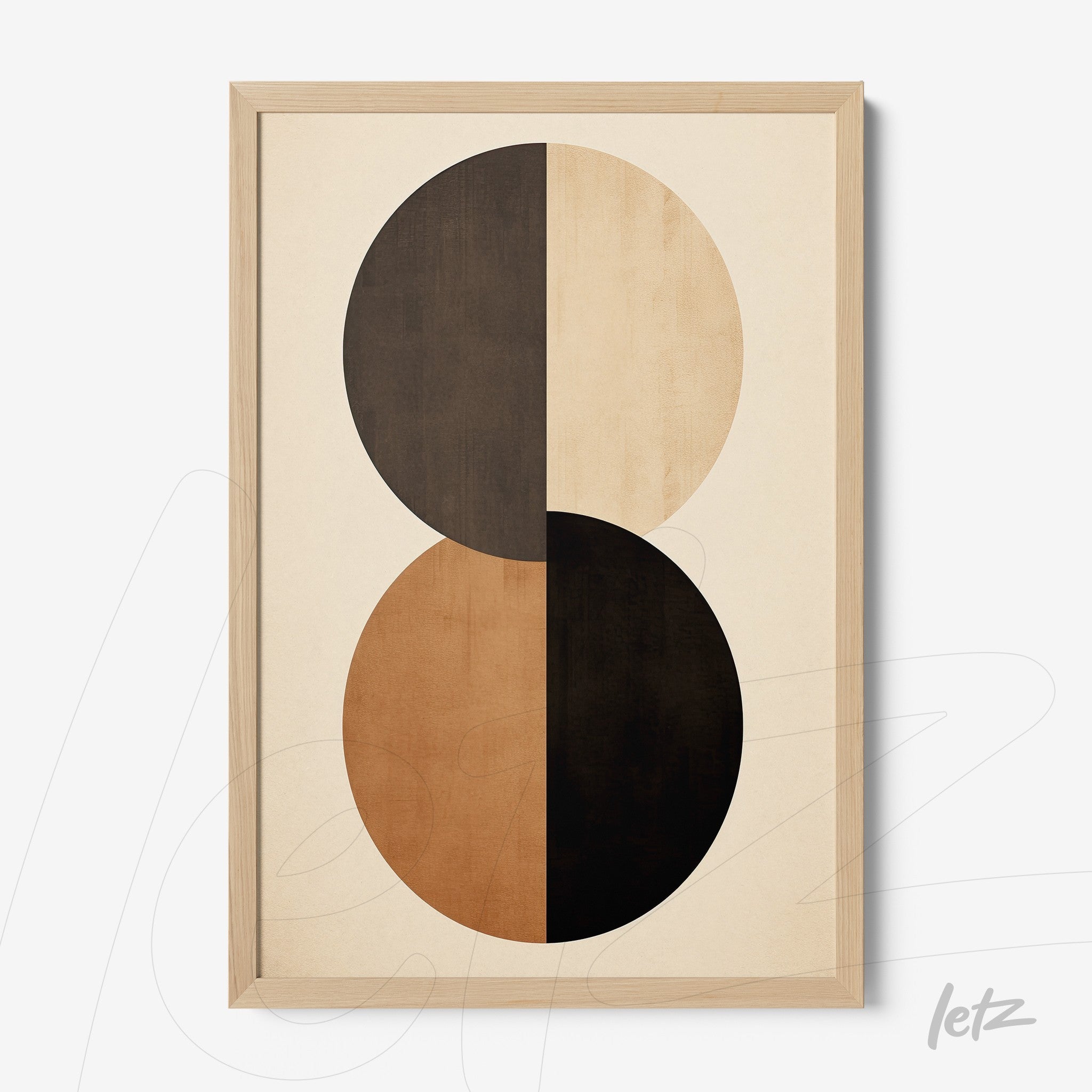 abstract wall art featuring overlapping circles in earthy tones on a light background with a light wood frame