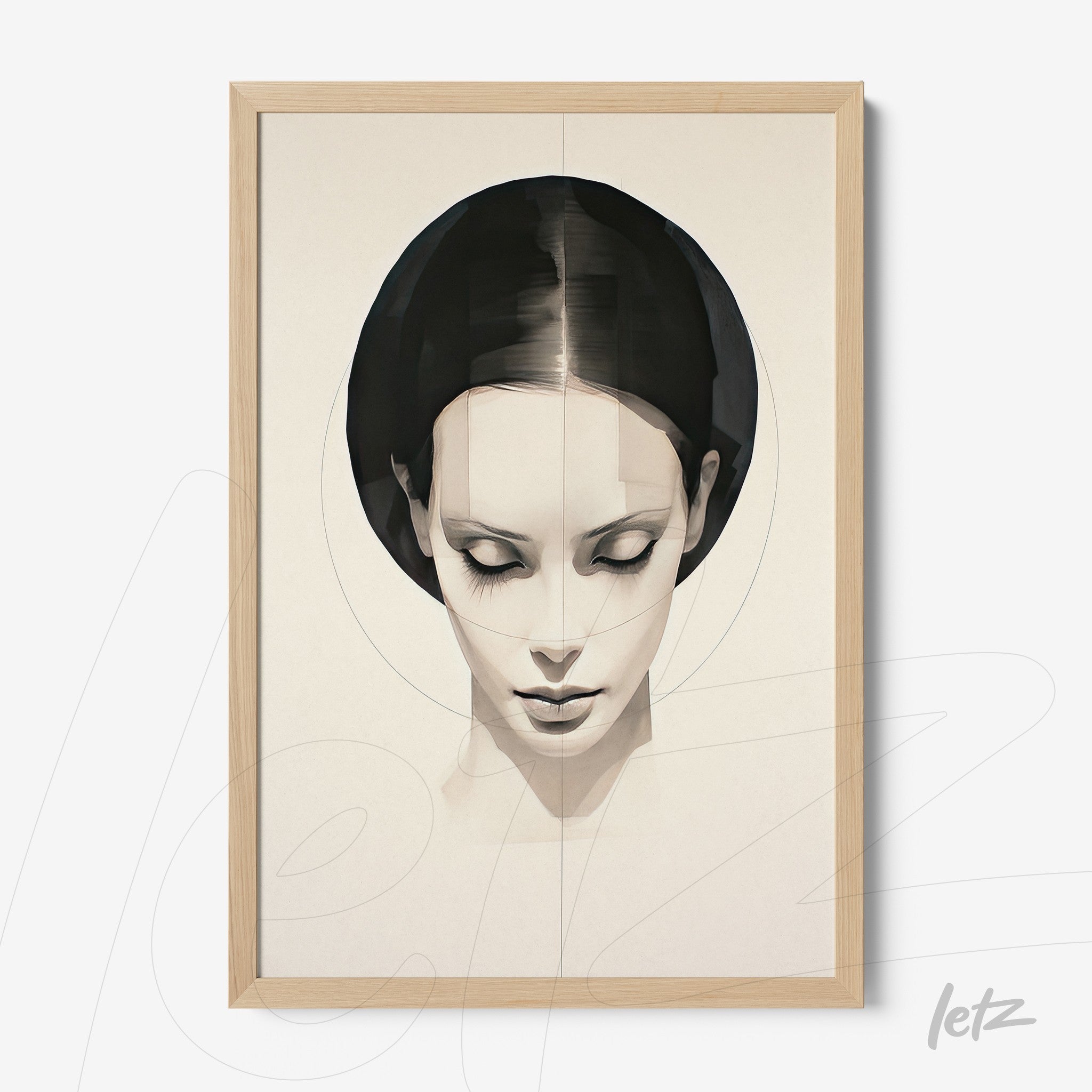 framed art with abstract female portrait in light wood frame