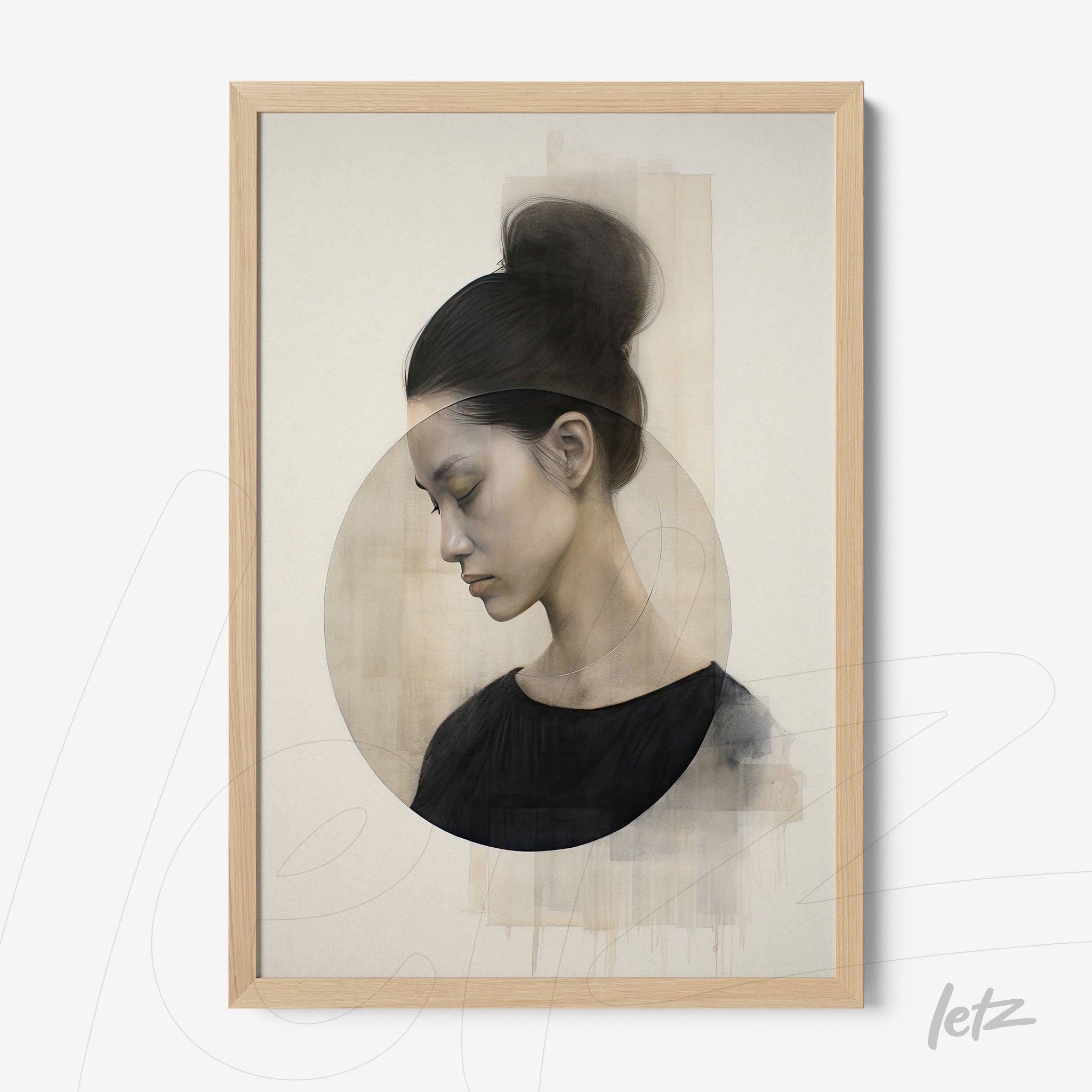 framed artwork featuring a minimalist portrait of a woman in neutral tones with a light wooden frame