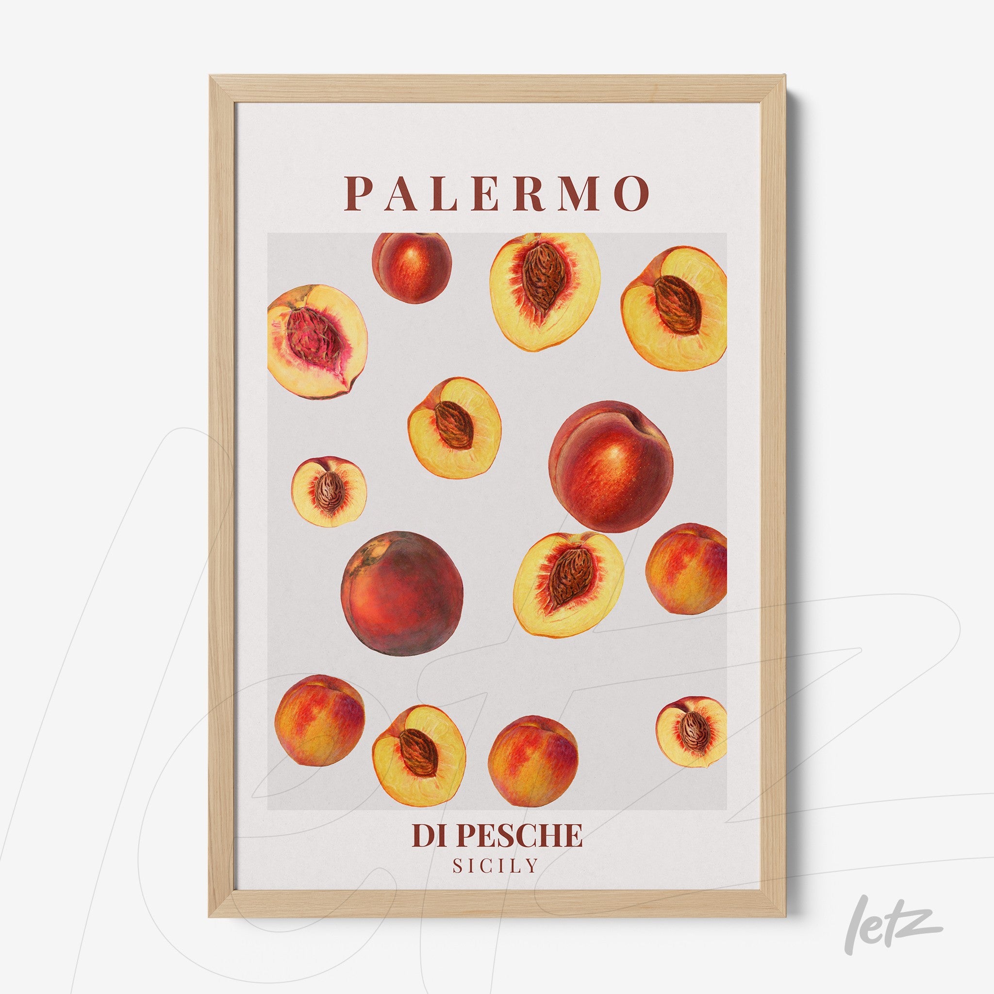framed art print featuring various peach illustrations on a light background with a light wood frame
