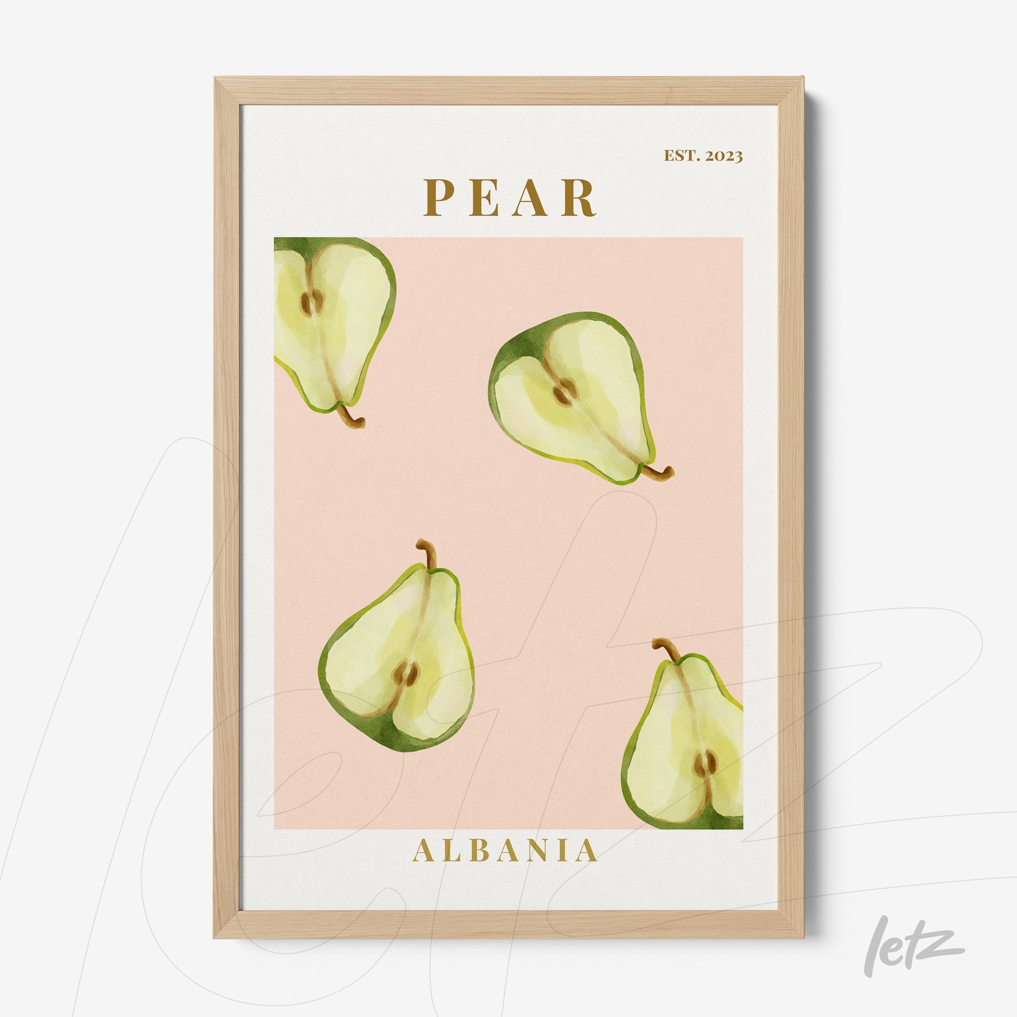 framed wall art featuring illustrations of pears on a pink background with the text 'PEAR' at the top