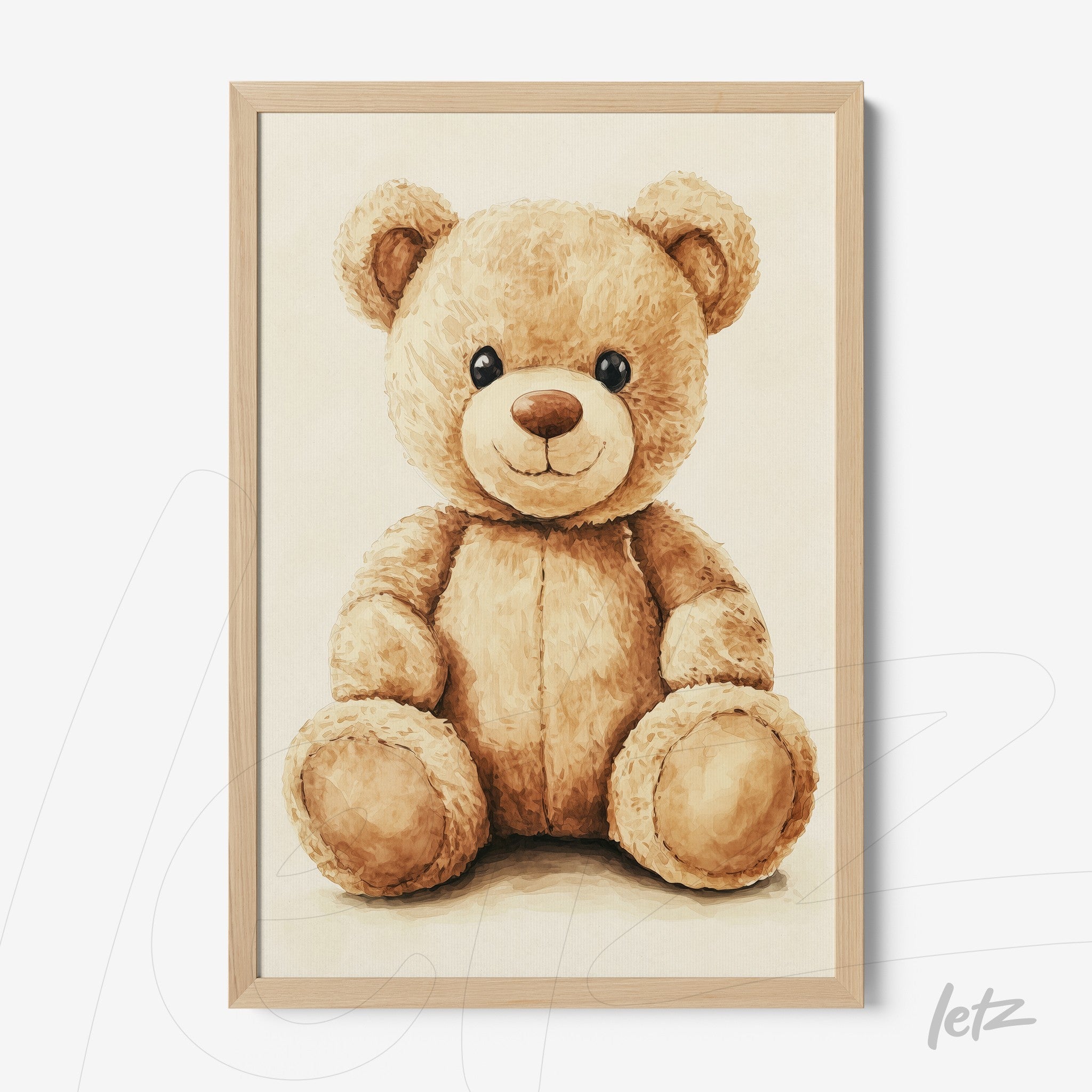 decorative framed picture of a brown teddy bear in a light wooden frame