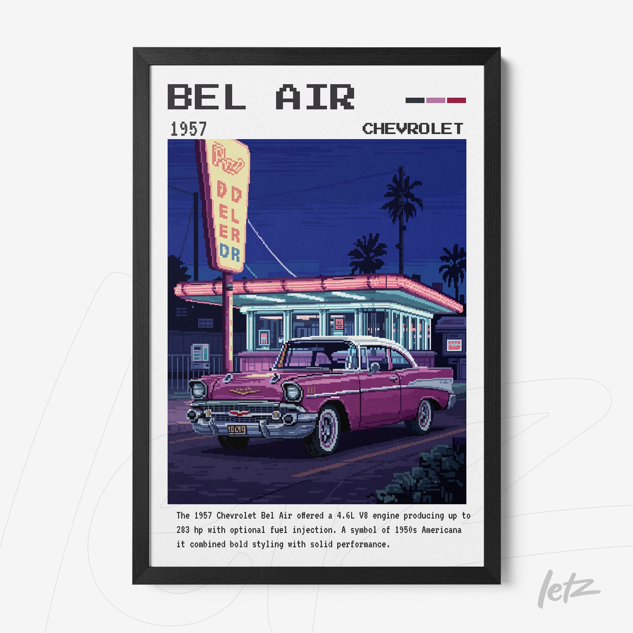 framed digital artwork of a 1957 Chevrolet Bel Air in retro style with a black frame and nighttime setting