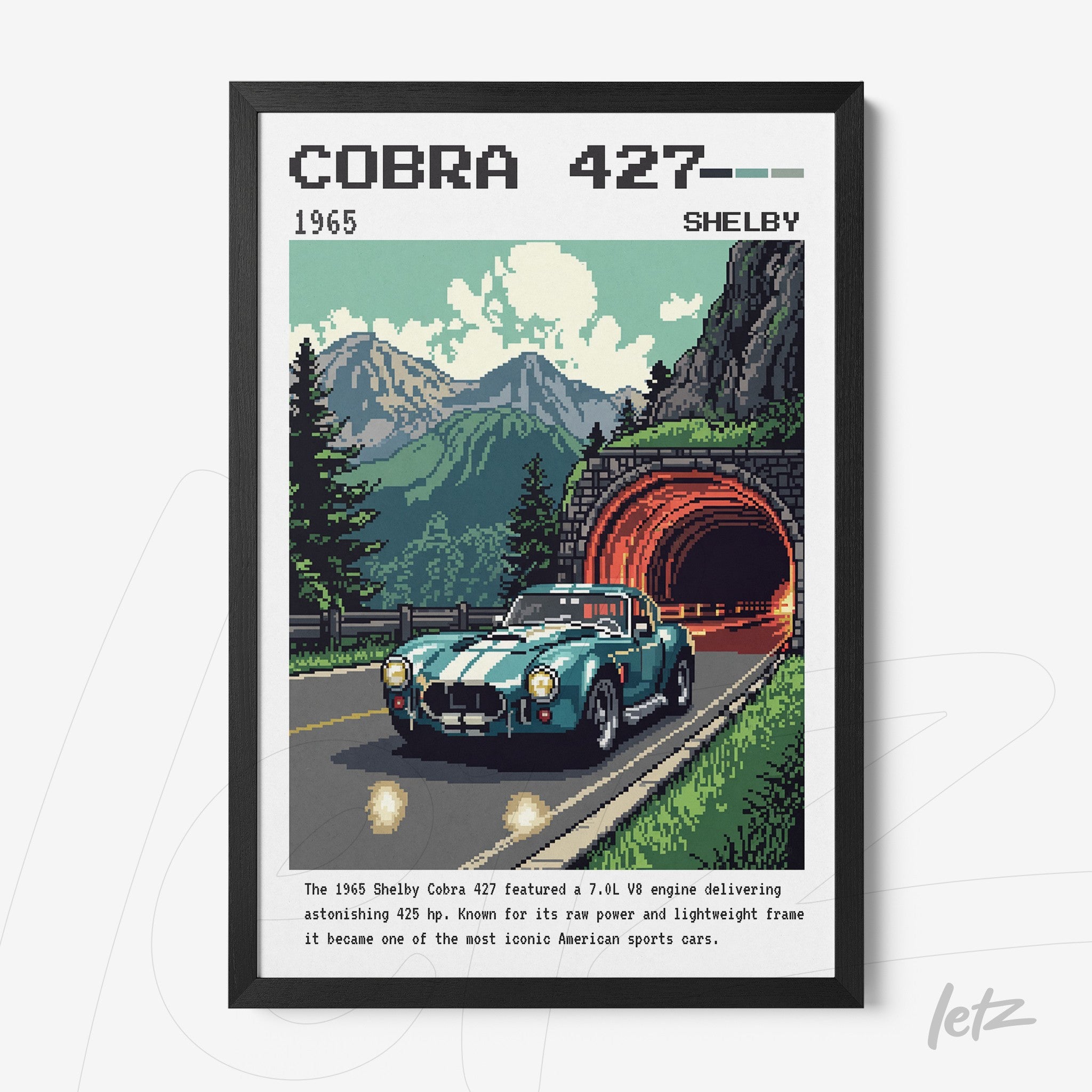 framed retro style illustration of Shelby Cobra 427 car, featuring mountains and tunnel in the background