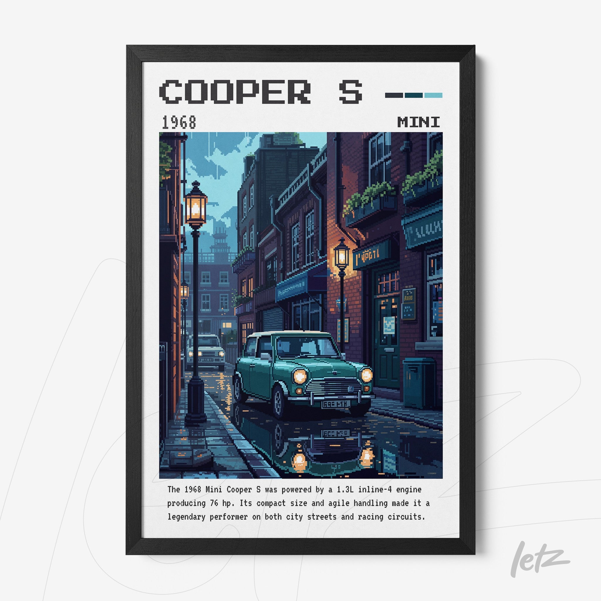 framed digital art of a 1968 Mini Cooper S parked on a rainy street illuminated by street lamps