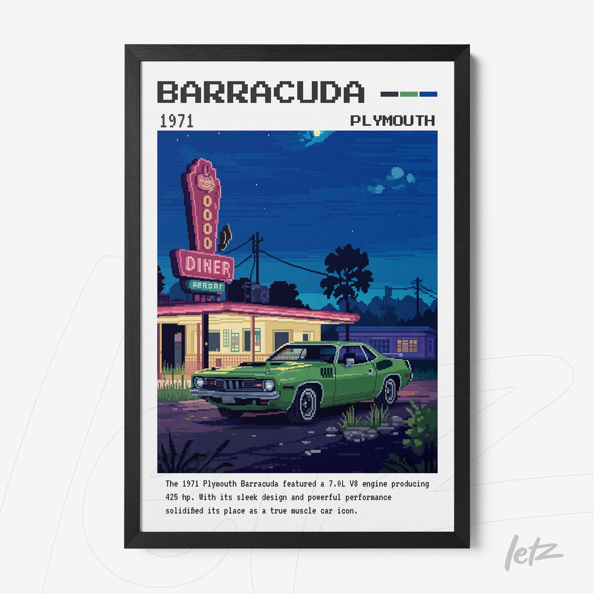 digital artwork of a green Plymouth Barracuda in front of a retro diner, framed in black