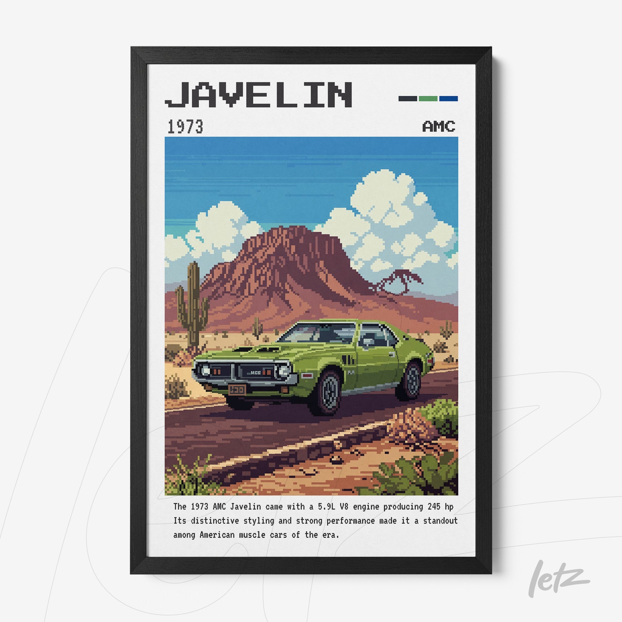 framed digital art of a 1973 Javelin car parked in a desert landscape, featuring pixelated elements and a black frame