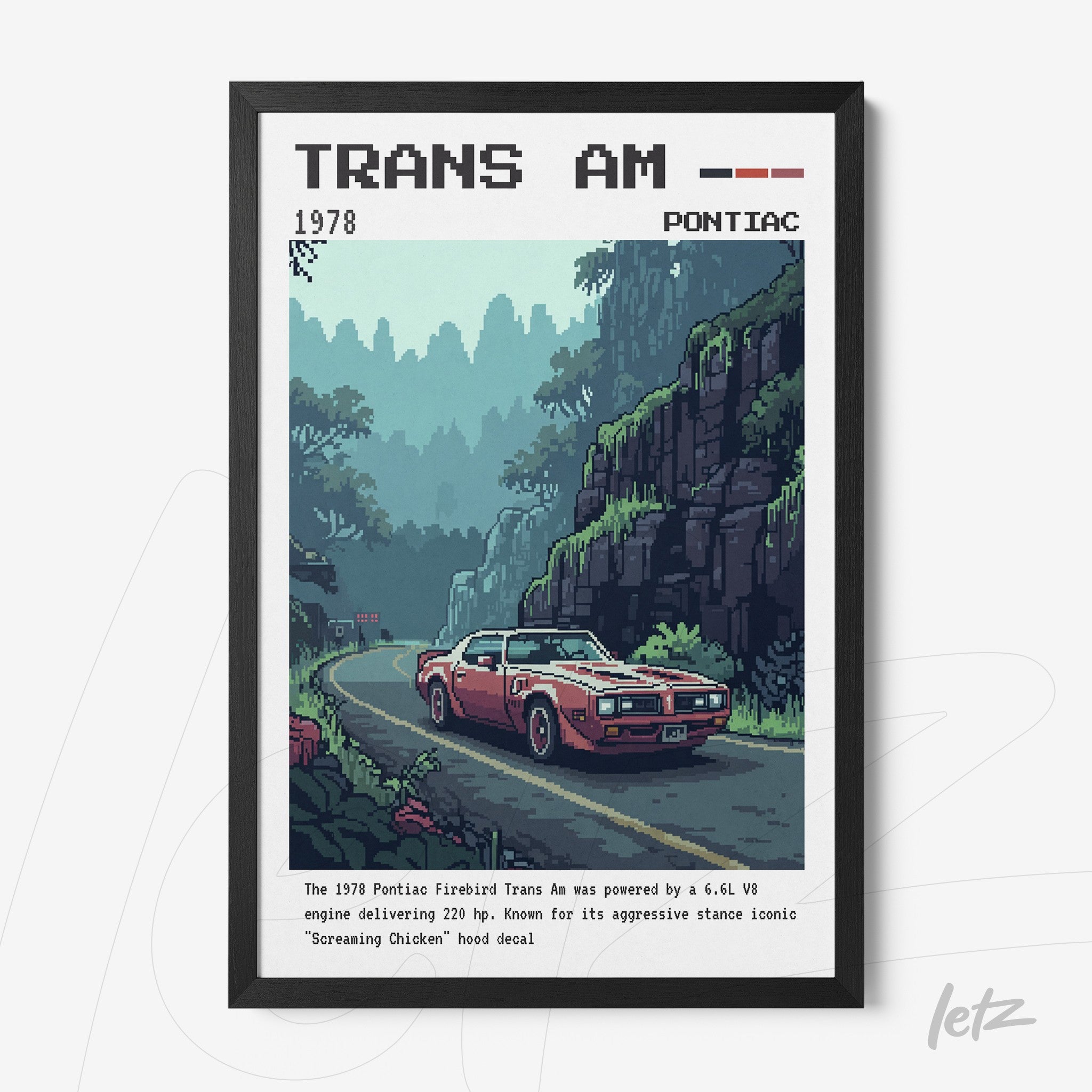 pixel art of a Pontiac Trans Am car framed in black, set against a backdrop of green mountains