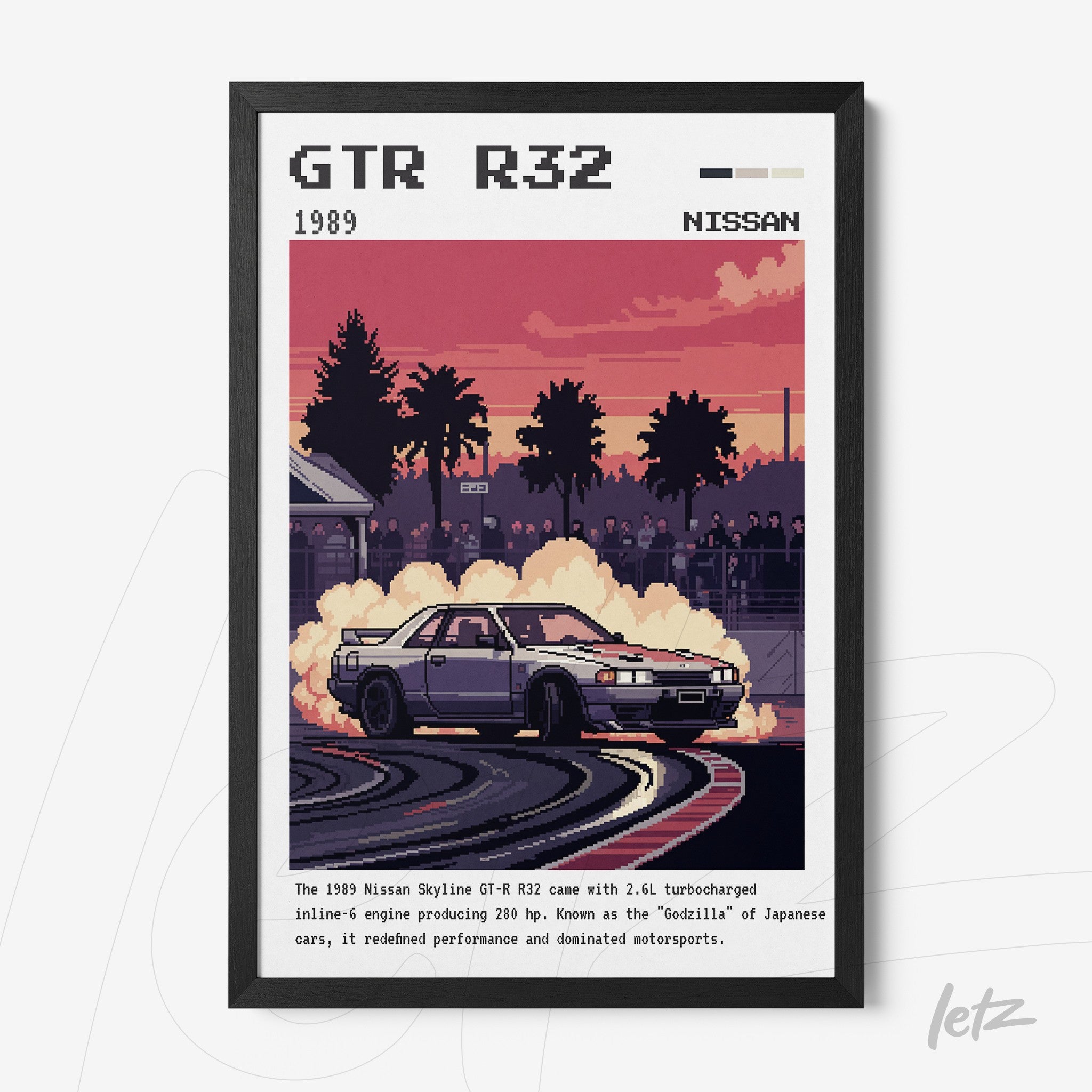 framed wall art featuring the 1989 Nissan Skyline GT-R R32 drifting with smoke and a sunset background