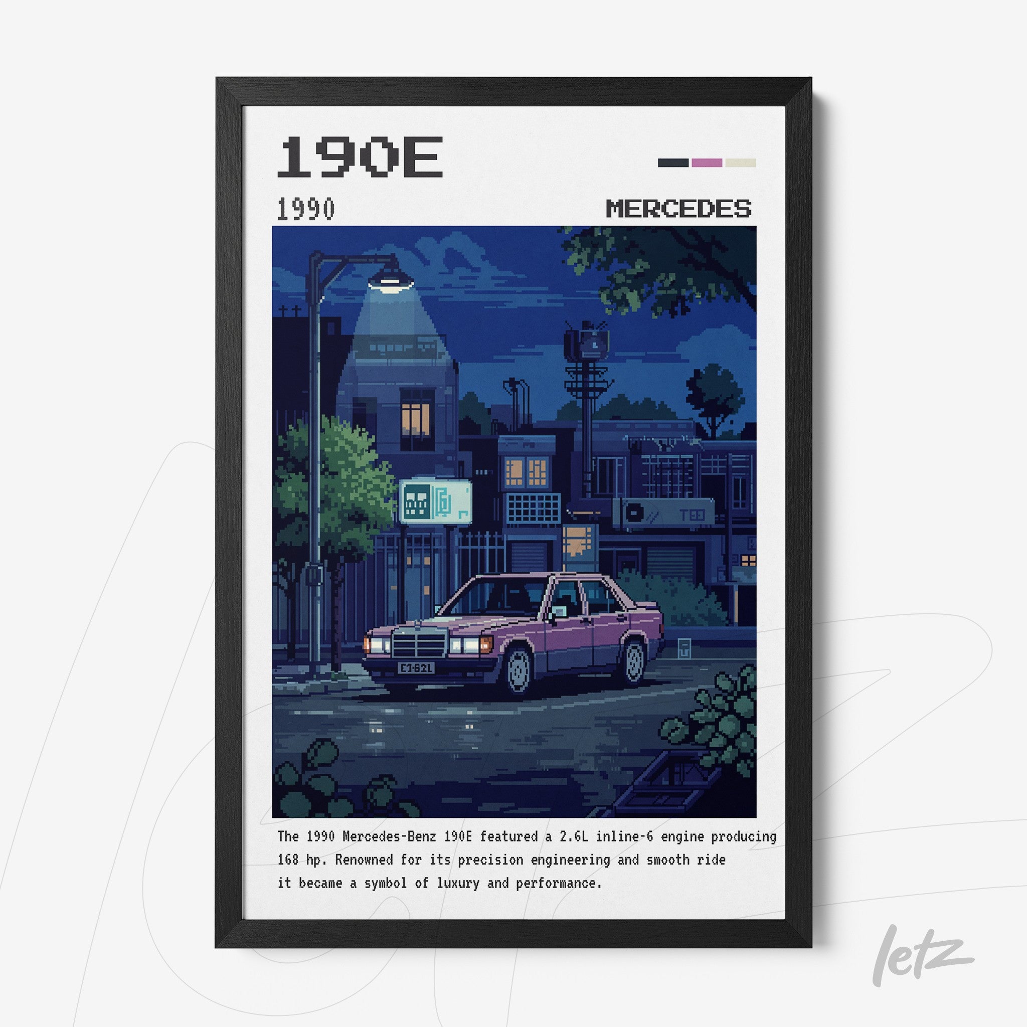 digital artwork of a Mercedes-Benz 190E in pixel art style with a black frame