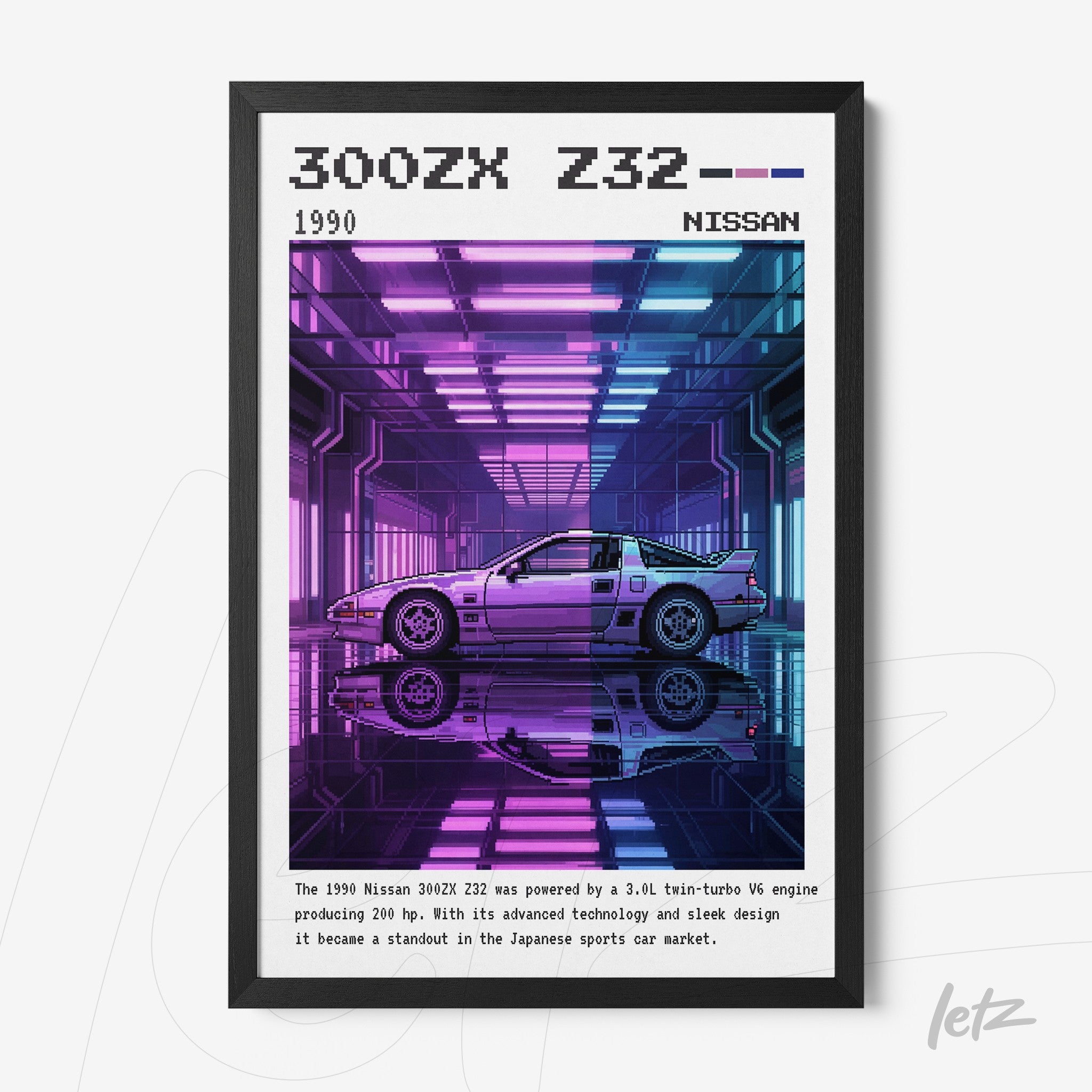 retro style framed art of a Nissan 300ZX Z32 car with a black frame, featuring a neon background in shades of purple and blue