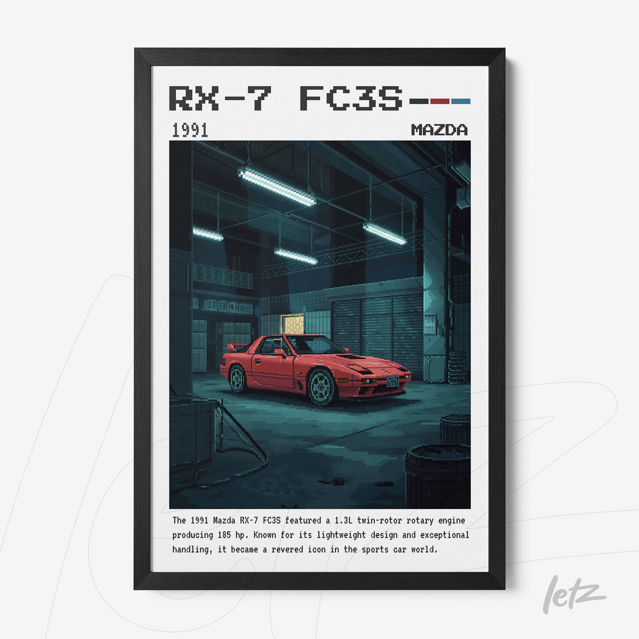retro wall art featuring a red Mazda RX-7 FC3S in a dark garage setting with a black frame