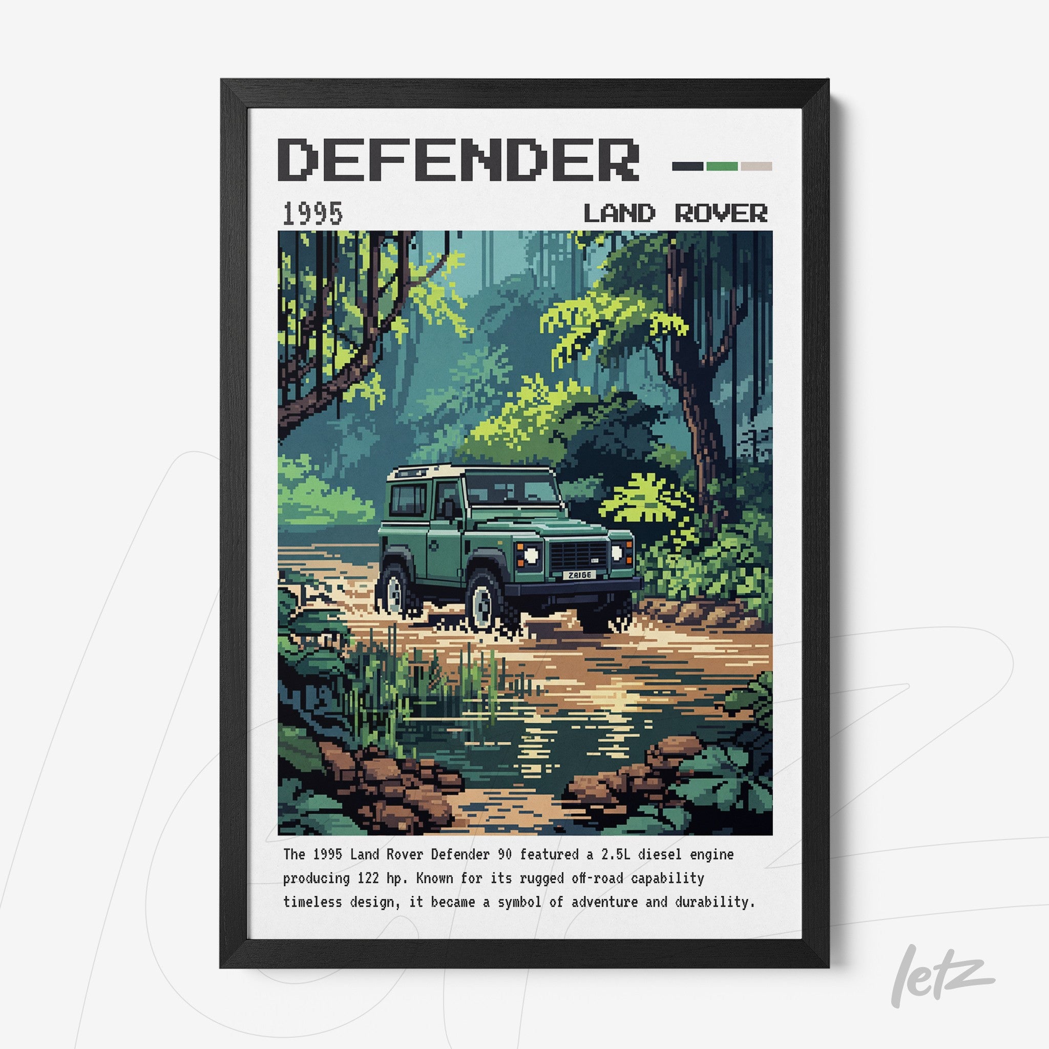 retro style illustration of a Land Rover Defender in a natural landscape with black frame