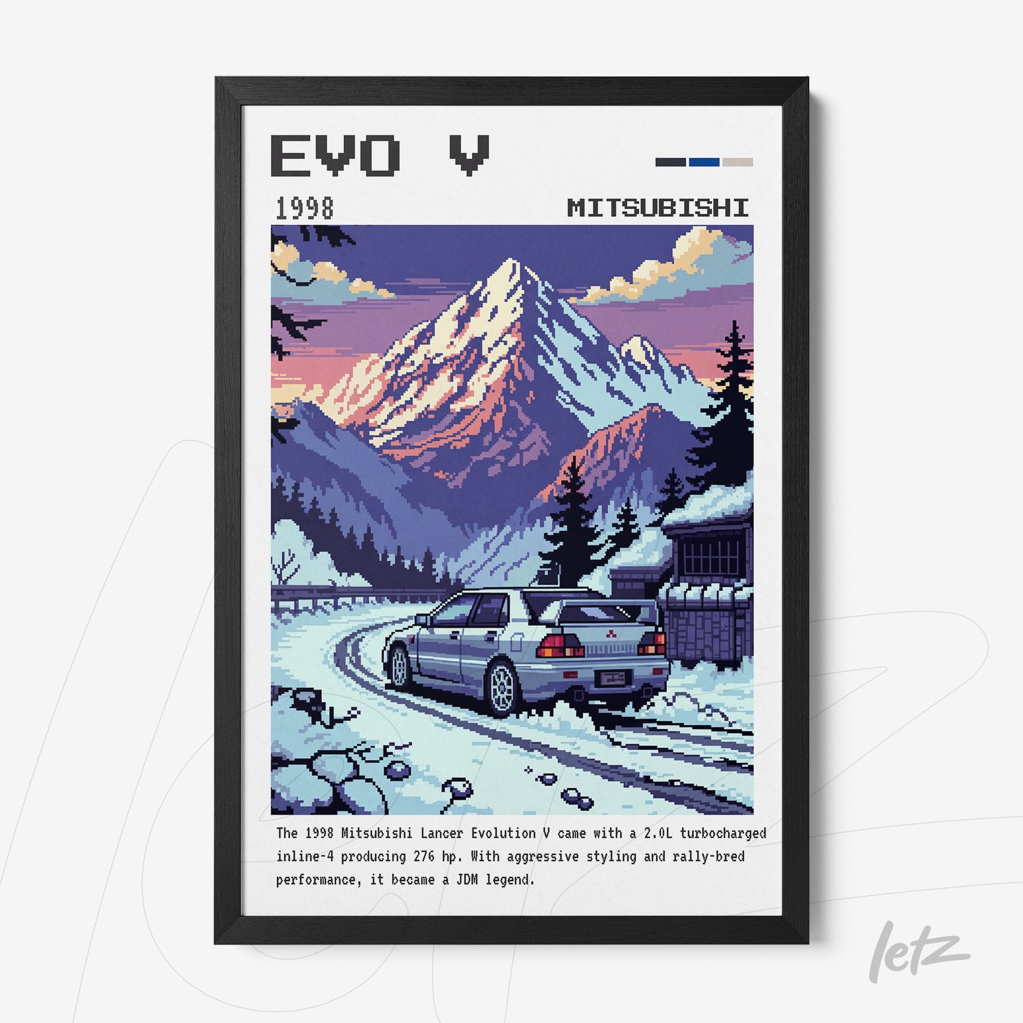 pixel art framed print of a mitsubishi lancer evolution v in a mountainous landscape with a colorful sky and retro style