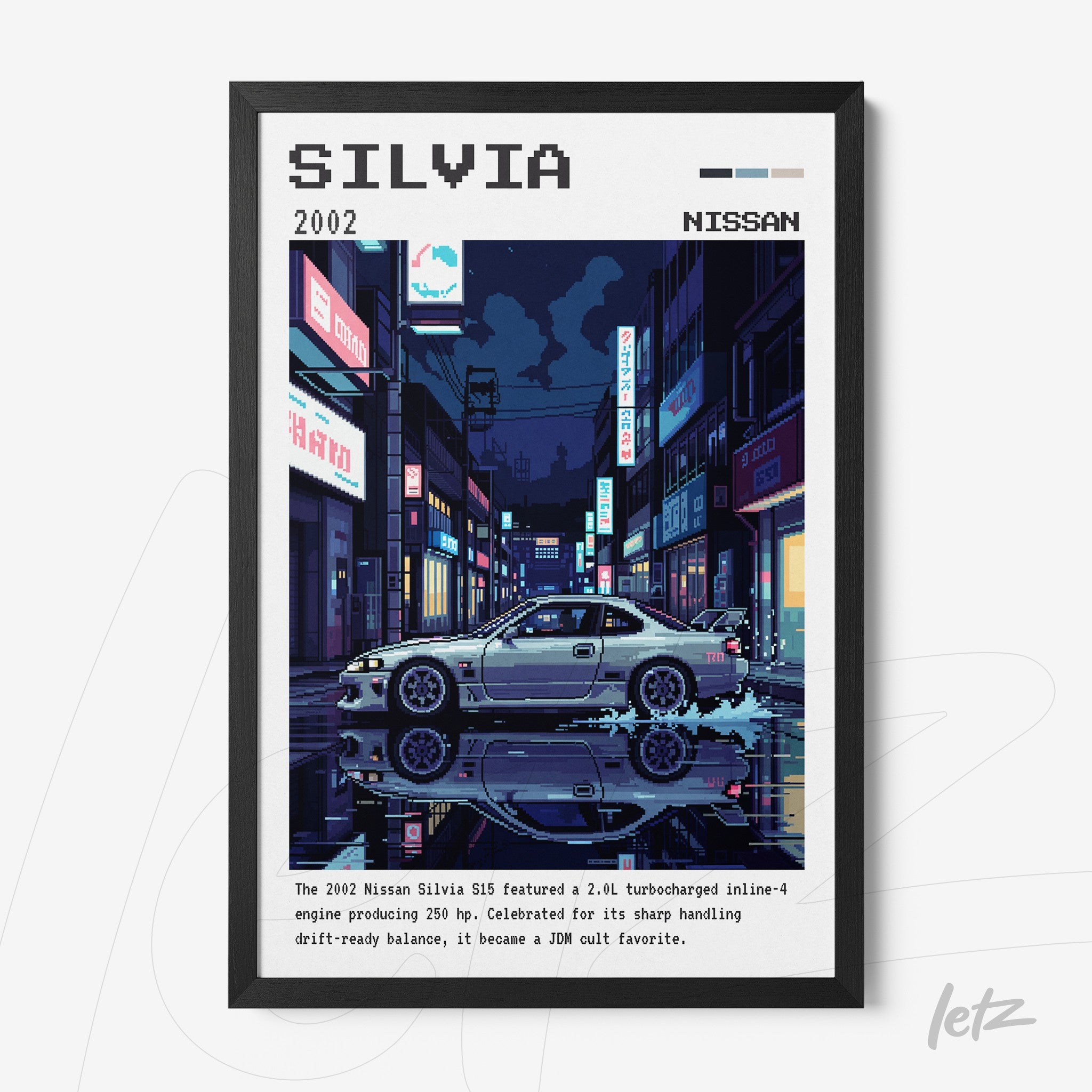 digital art print of a Nissan Silvia car in a nighttime Japanese city scene, framed in black