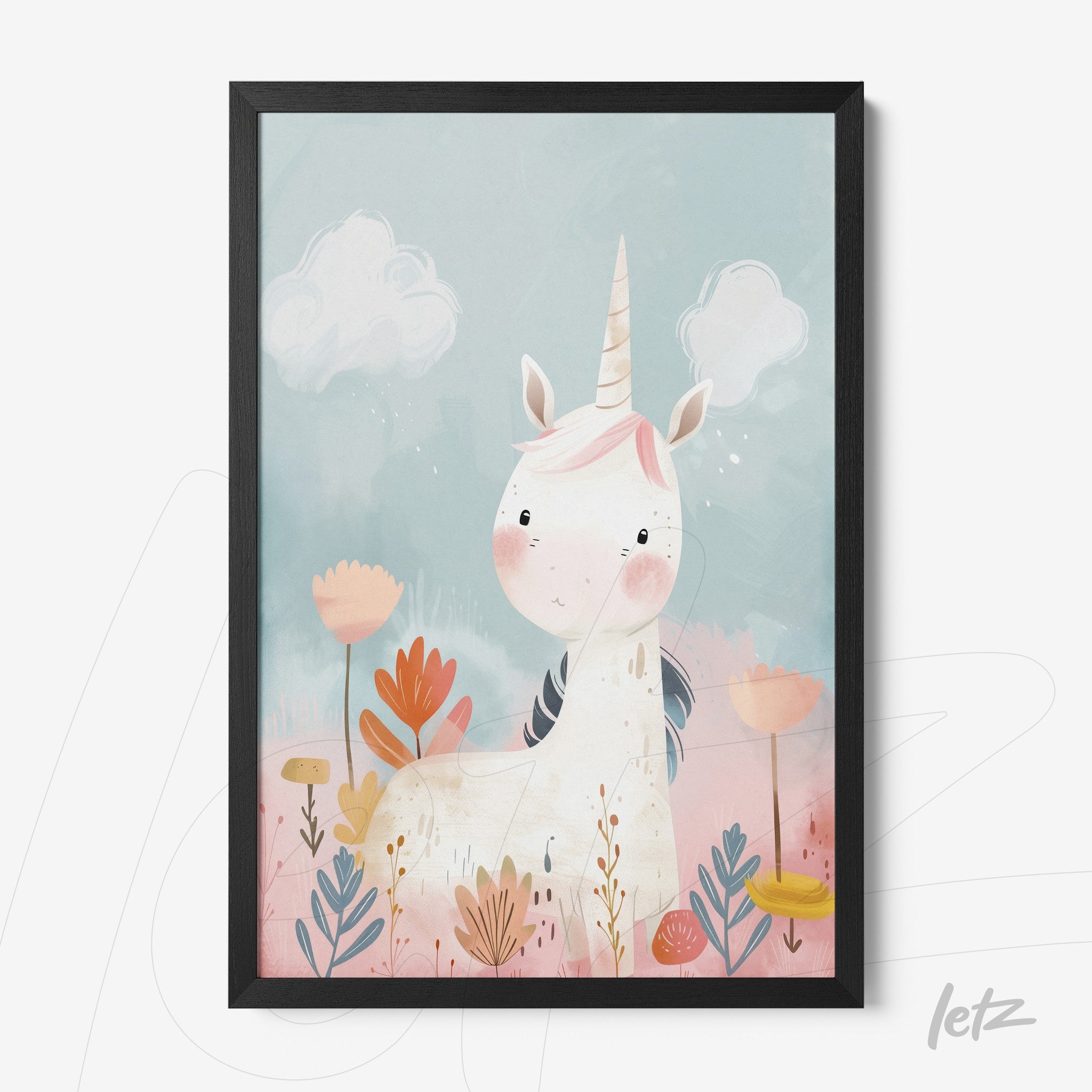 framed wall art featuring a cute unicorn in a colorful setting with flowers