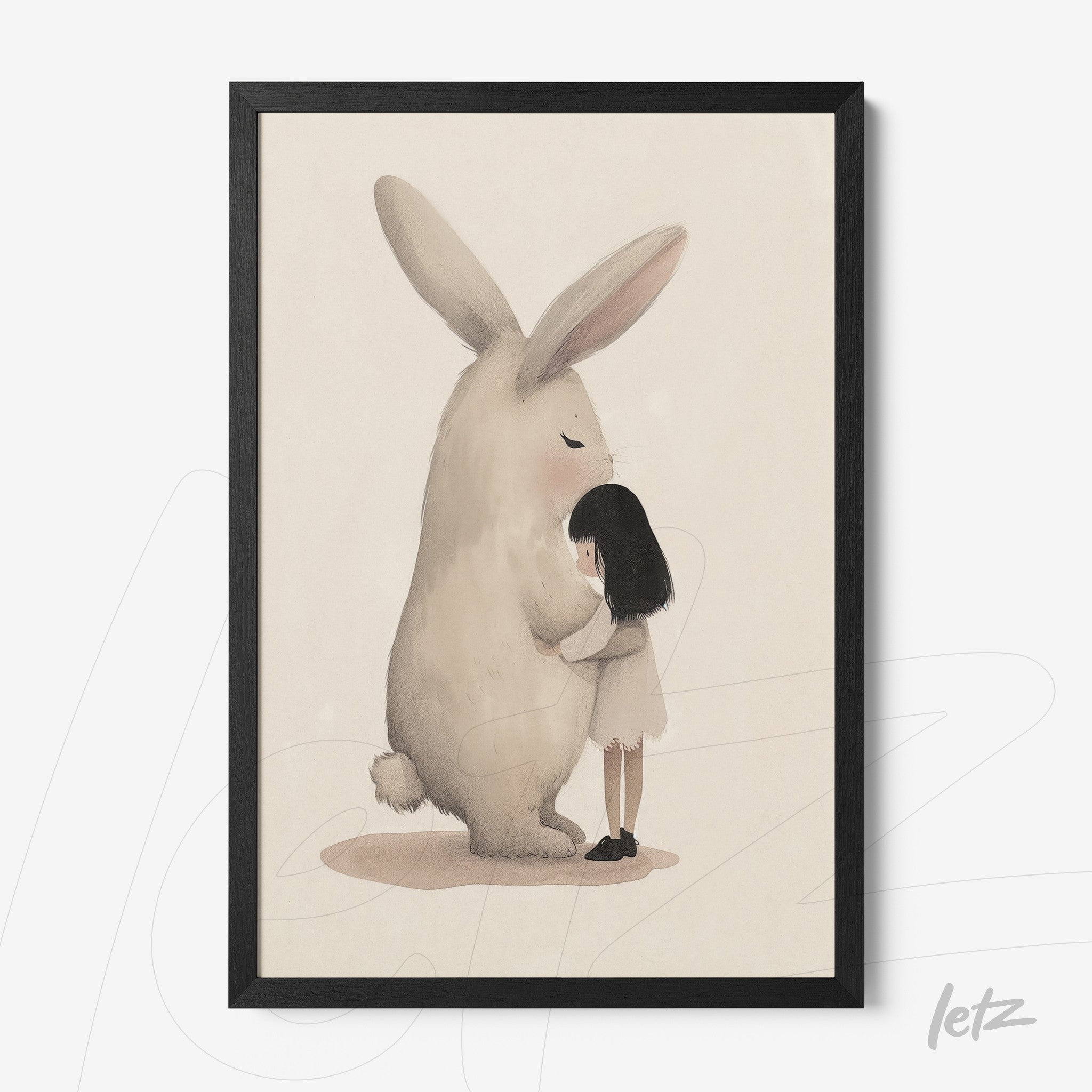 framed wall art featuring a soft illustration of a girl hugging a giant rabbit with a black frame