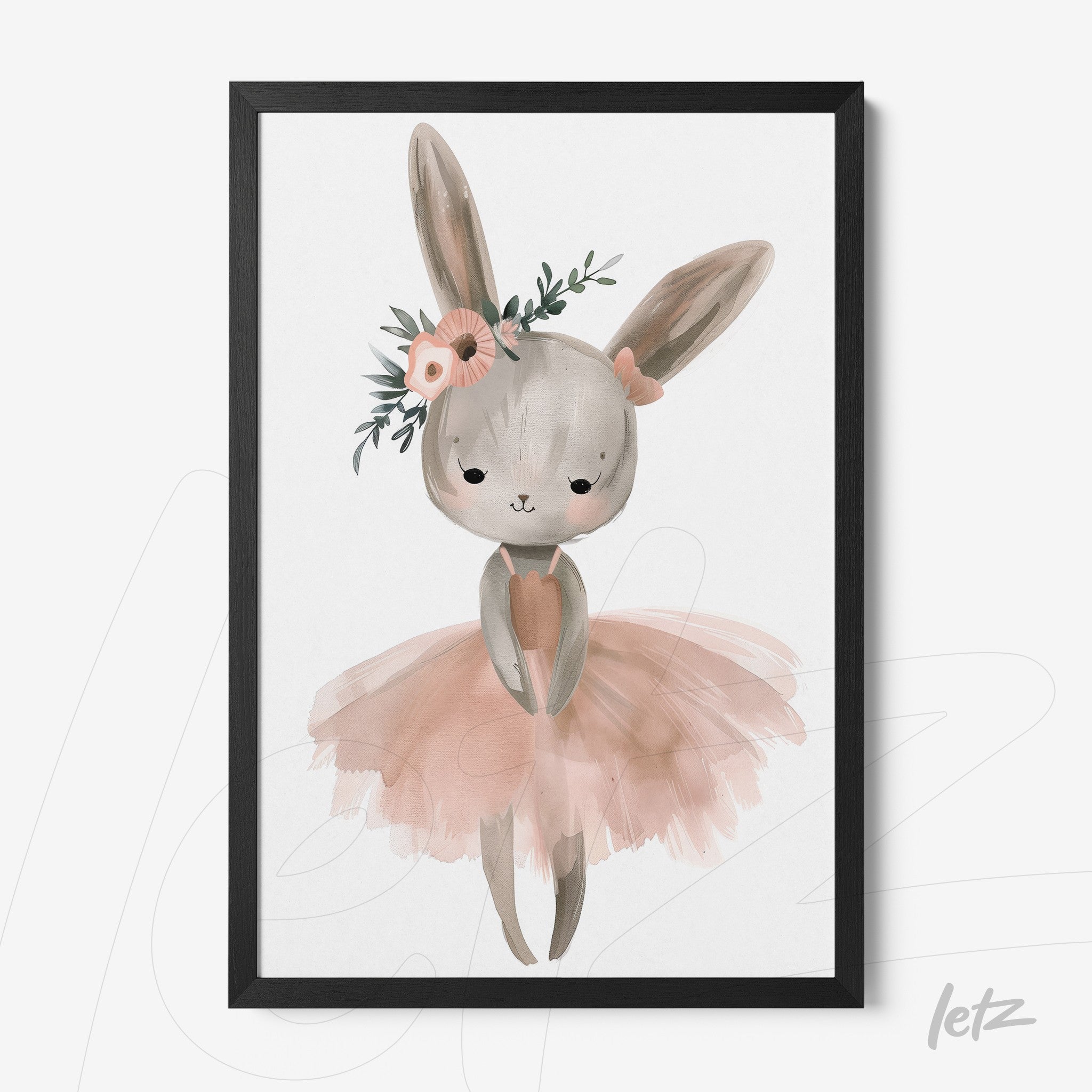 framed art of a bunny ballerina in a pink dress with flowers on its head