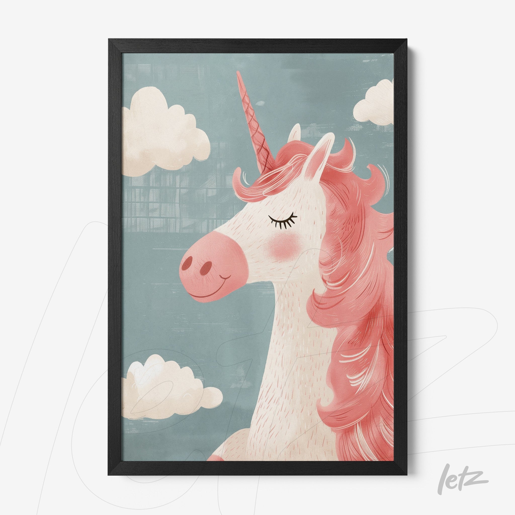 framed wall art featuring a pink unicorn with a blue background and white clouds