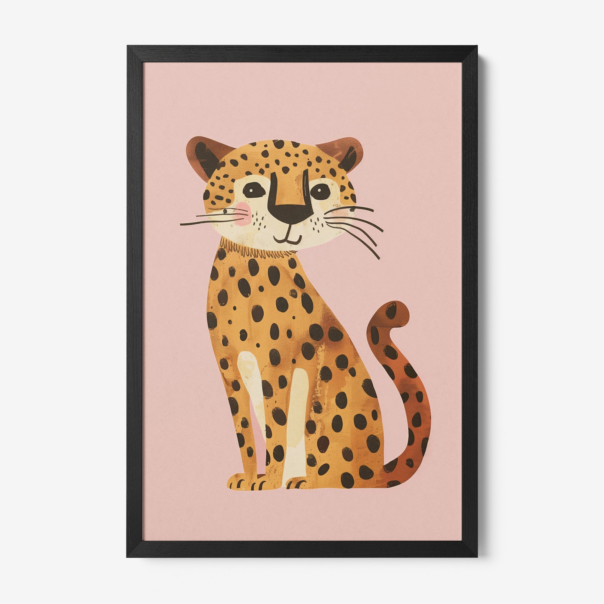 framed artwork featuring a colorful illustration of a leopard on pink background with black frame