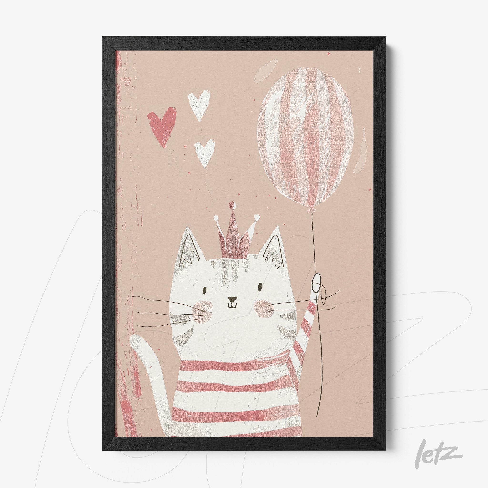 framed artwork featuring a smiling striped cat in pink and white holding a balloon, set against a light pink background with hearts