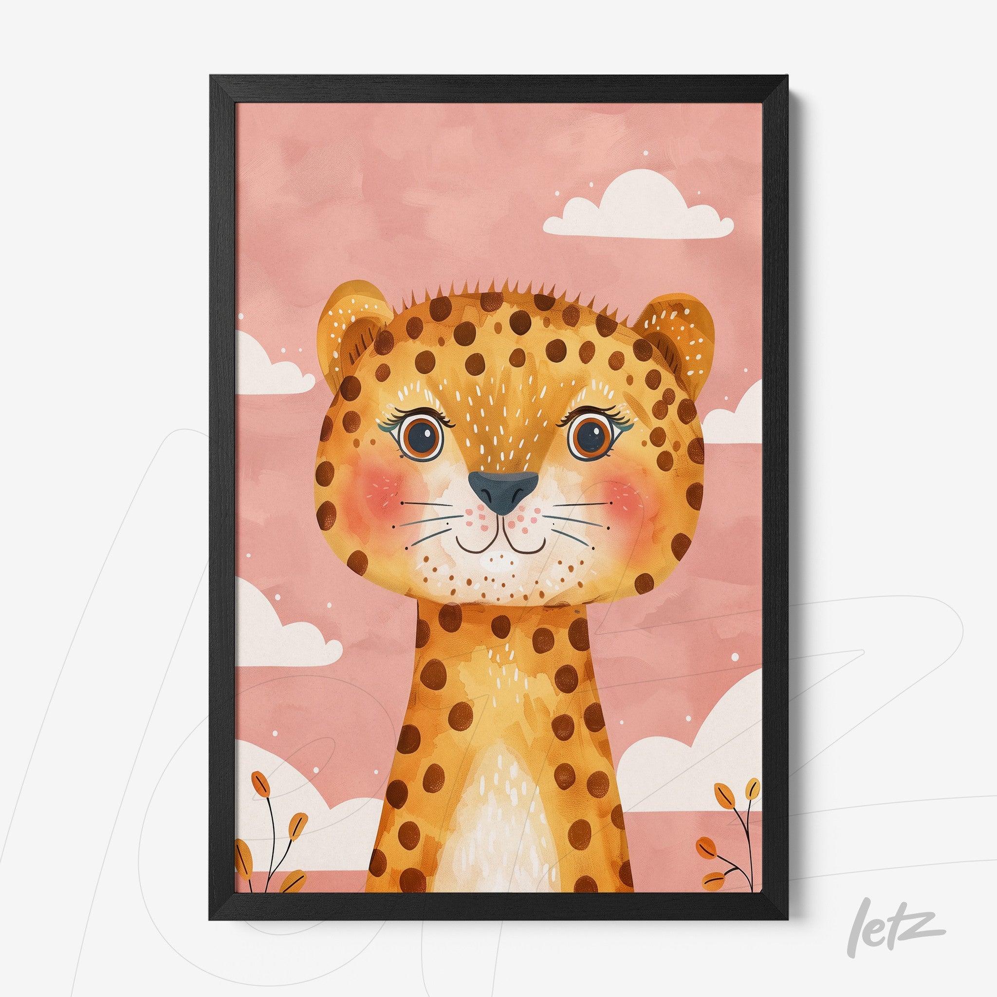 framed artwork featuring a cute leopard illustration on a pink background with white clouds and flowers