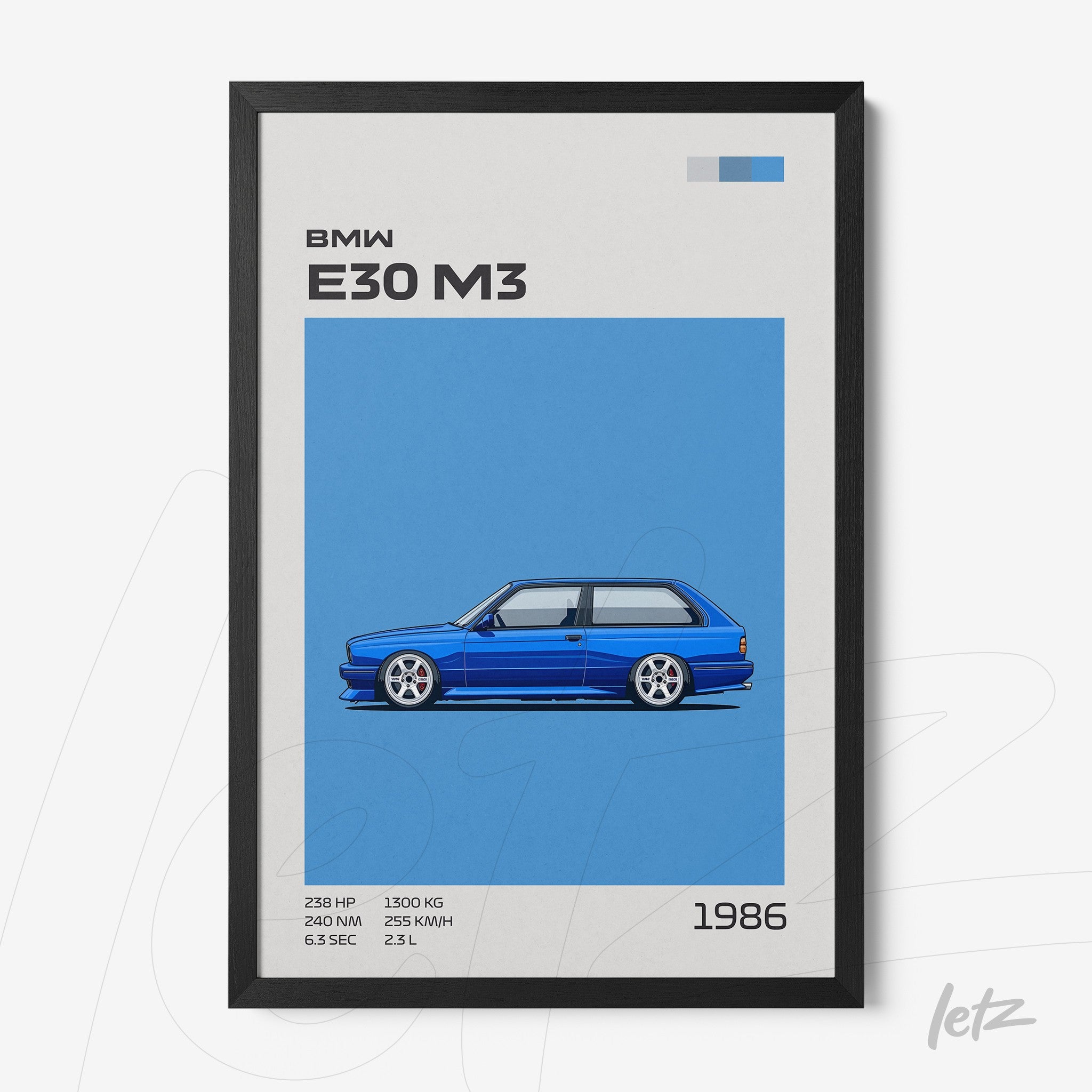framed artwork featuring the BMW E30 M3 illustration against a vibrant blue background with a black frame