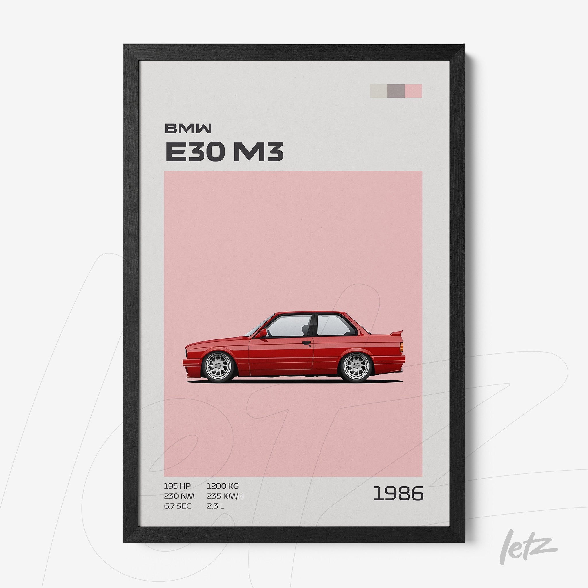 framed art featuring a red BMW E30 M3 illustration against a soft pink background with black frame