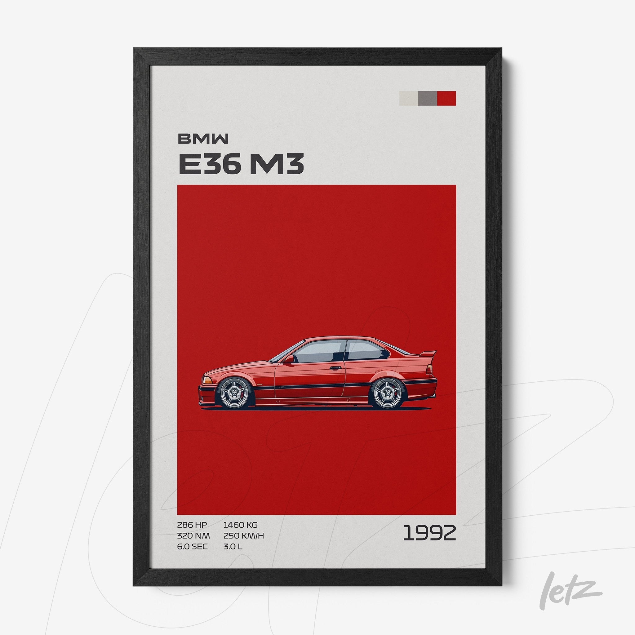 framed artwork featuring the BMW E36 M3 in red background with black frame