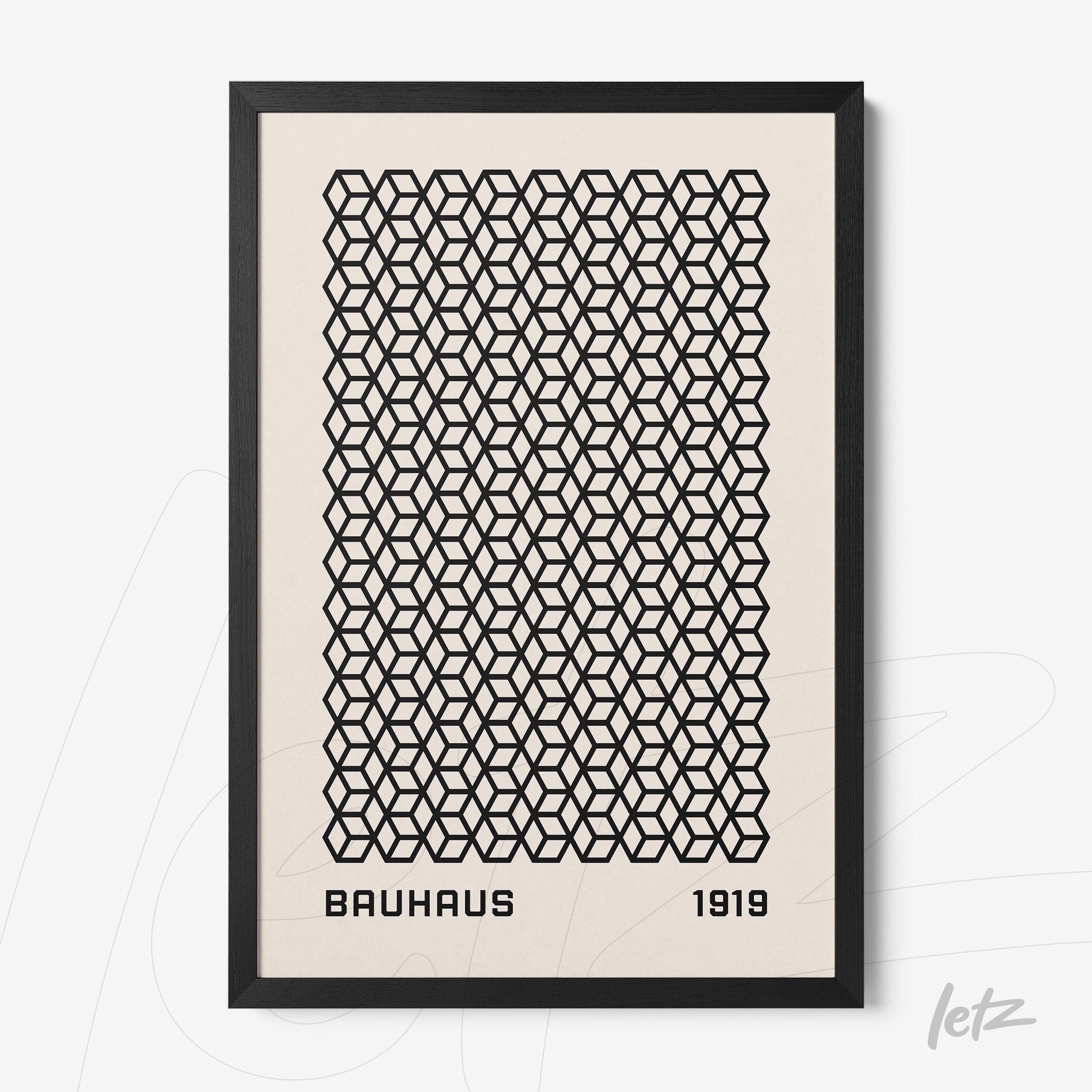 poster print featuring a black geometric pattern on a beige background with 'bauhaus 1919' text at the bottom, enclosed in a black frame