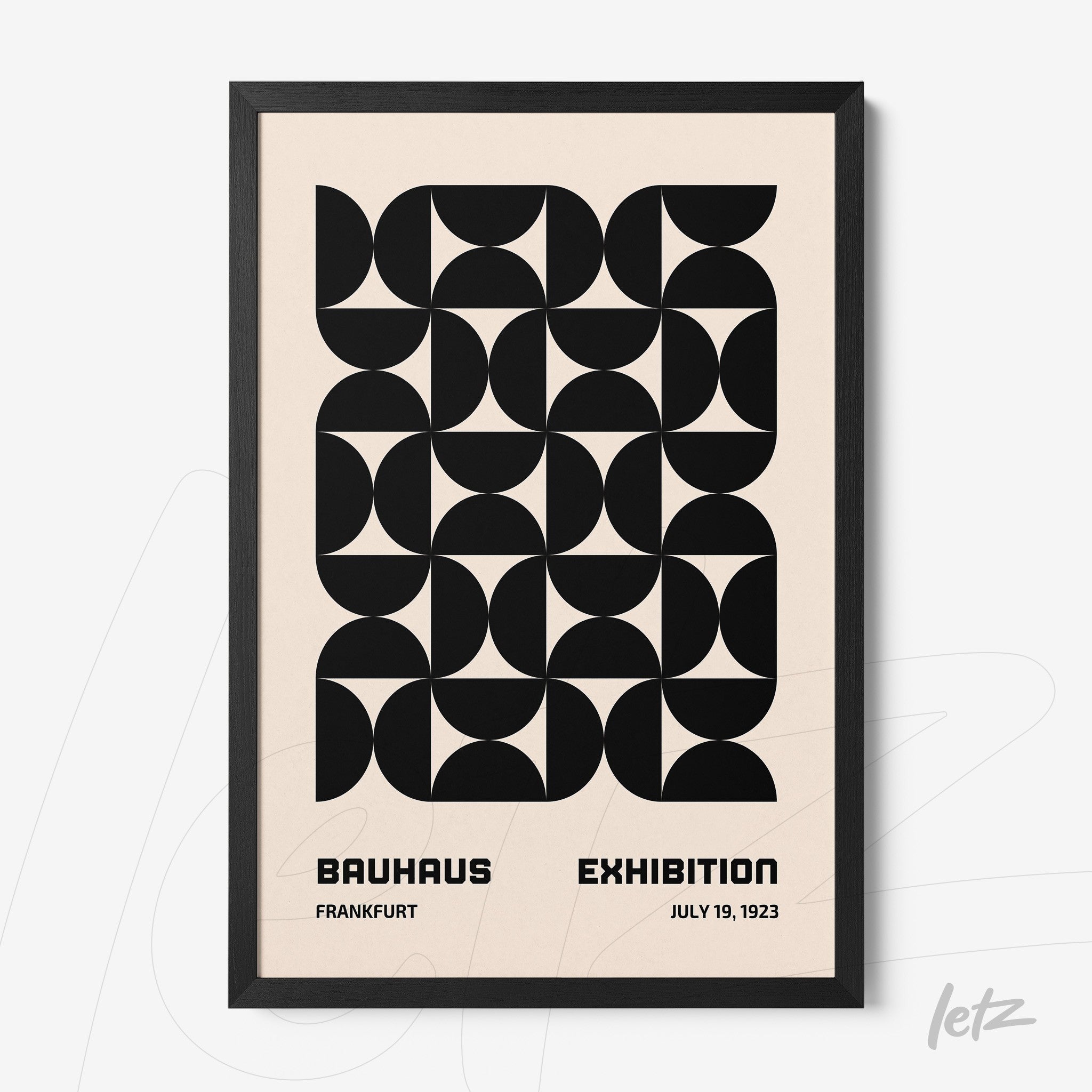 bauhaus style poster print with geometric black and white design and black frame