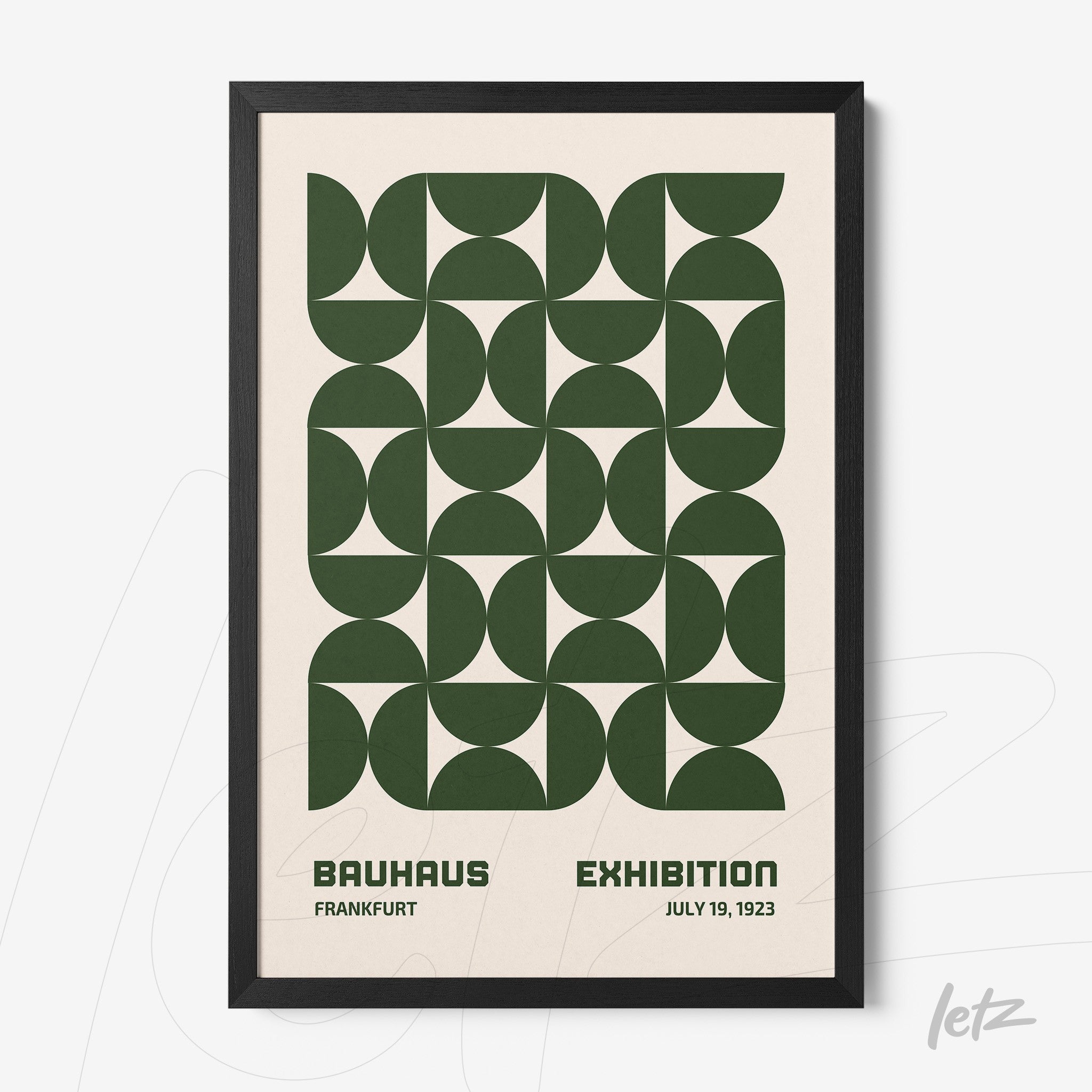 poster print featuring green abstract geometric design with text about bauhaus exhibition in black frame