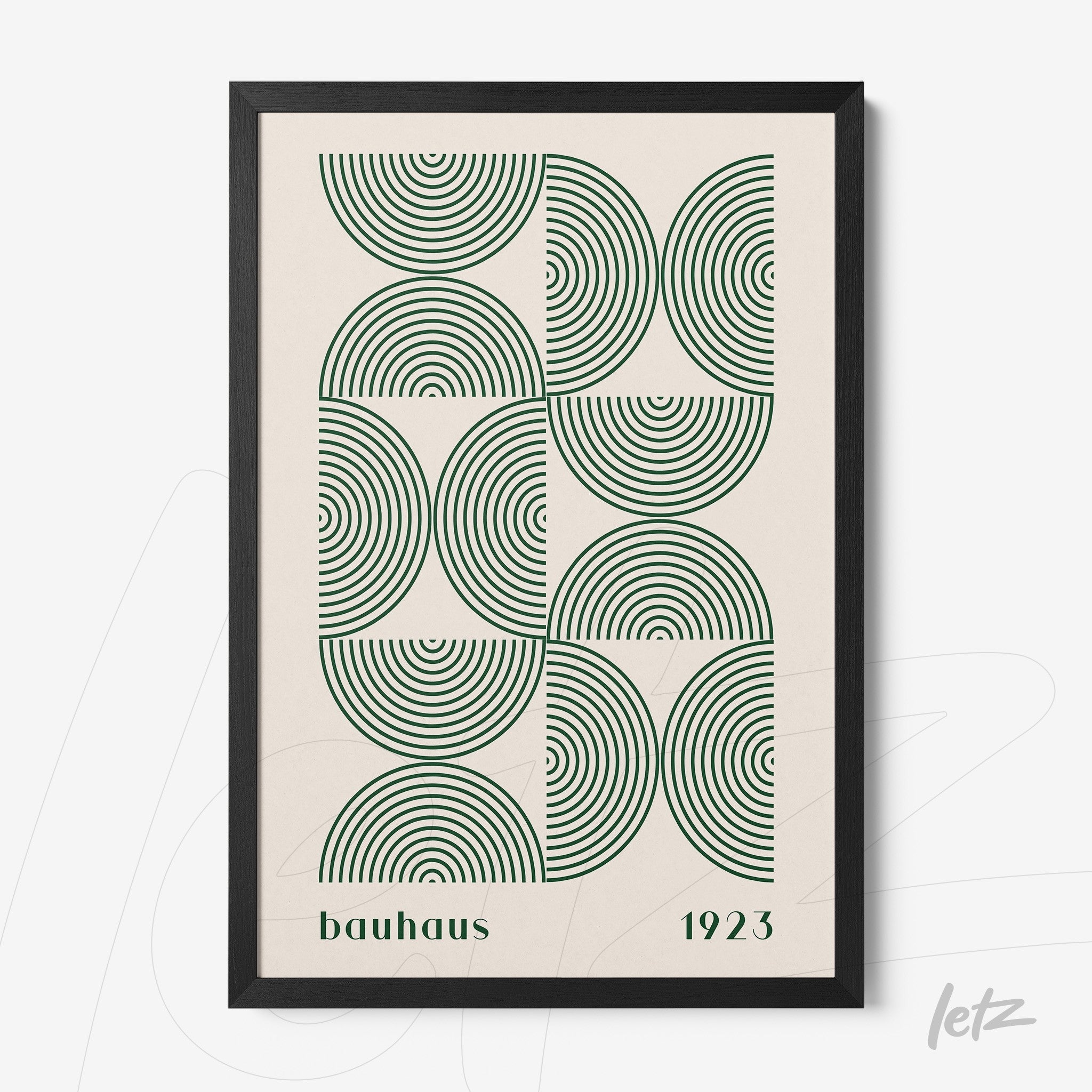 poster print featuring Bauhaus style geometric art with green concentric circles, framed in black