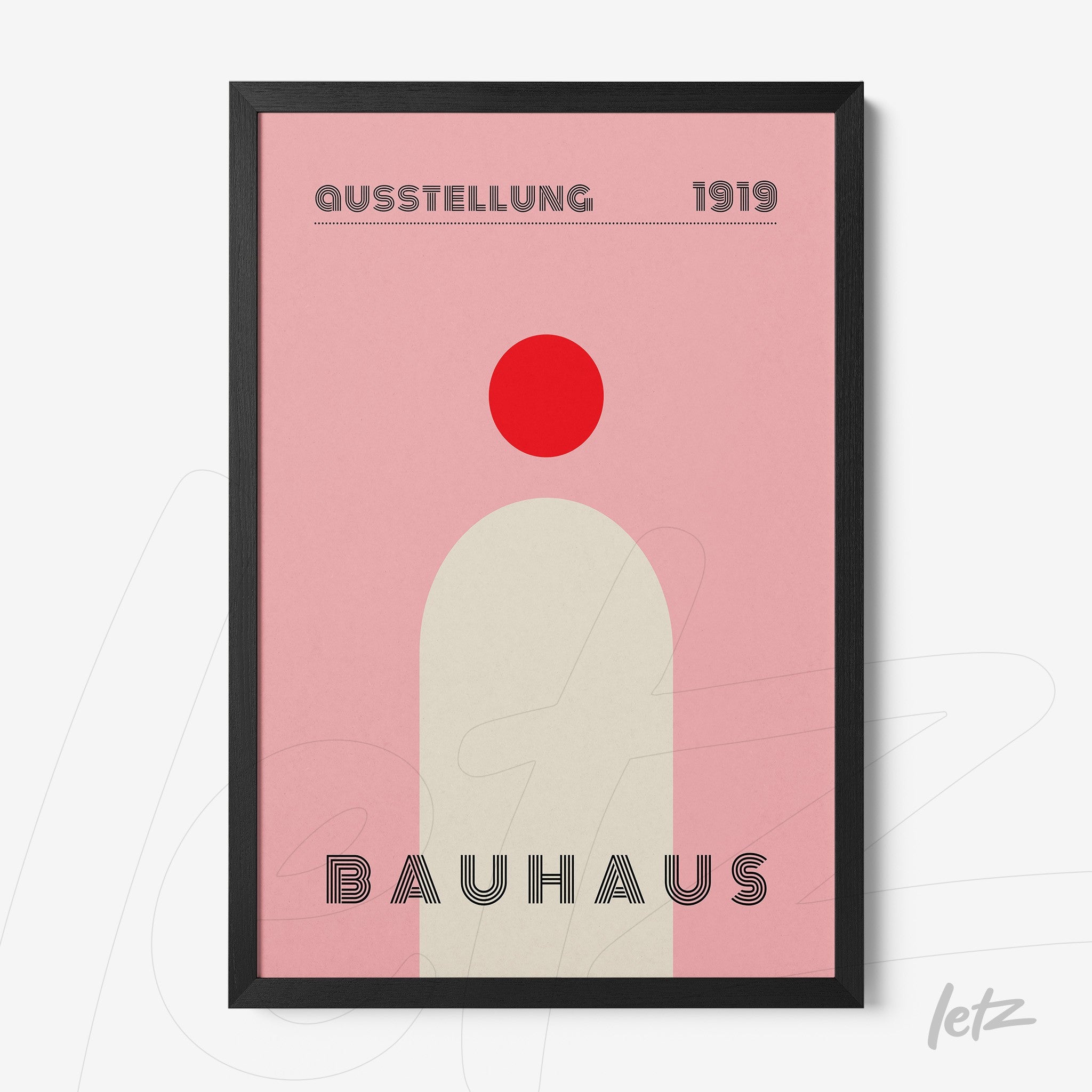 poster print featuring minimalist bauhaus style art with a pink background, red circle and geometric shapes, framed in black