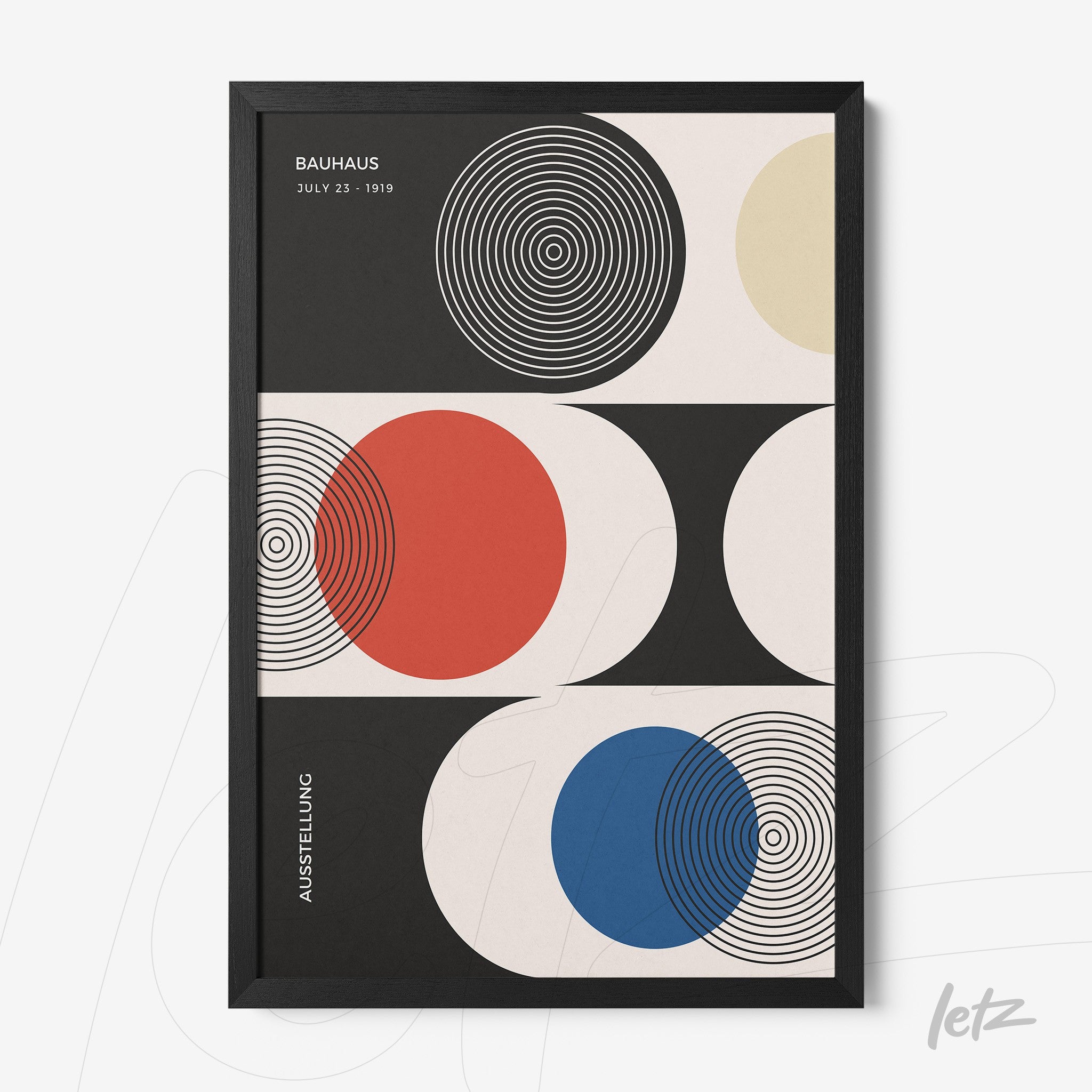 bauhaus style canvas art with colorful circles and slim black frame