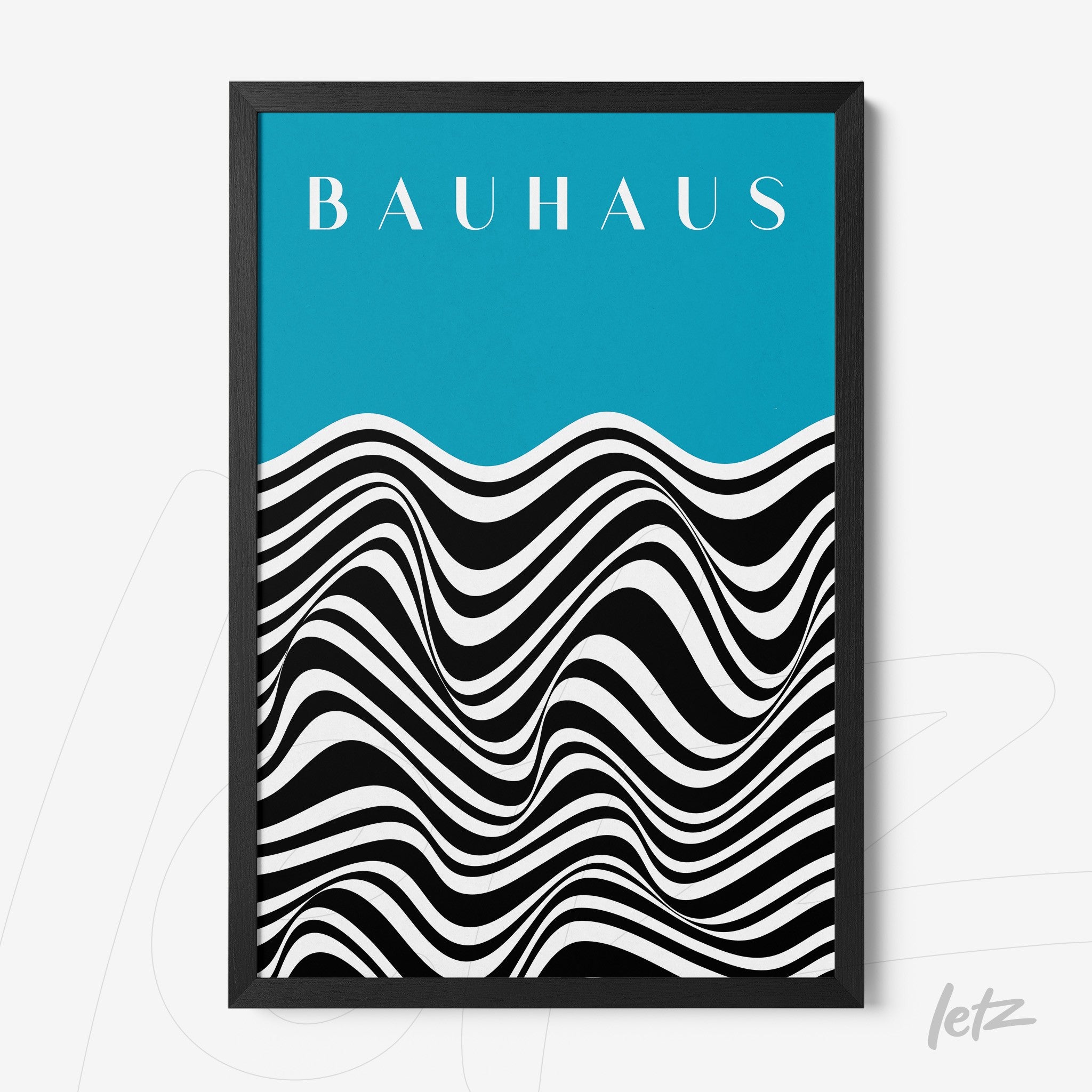 poster print with wavy geometric design in black and white on turquoise background with black frame