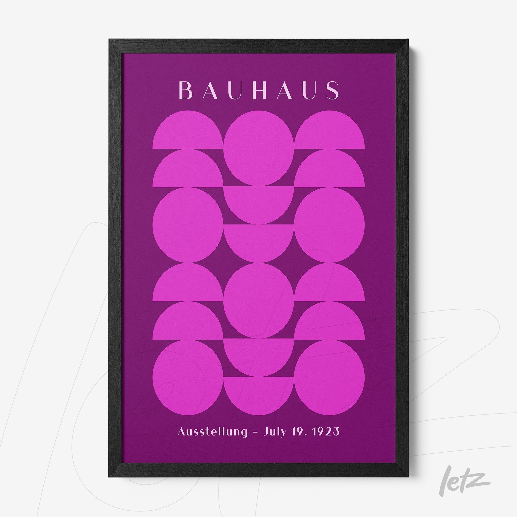 poster featuring geometric art in pink hues on a purplish background framed in black