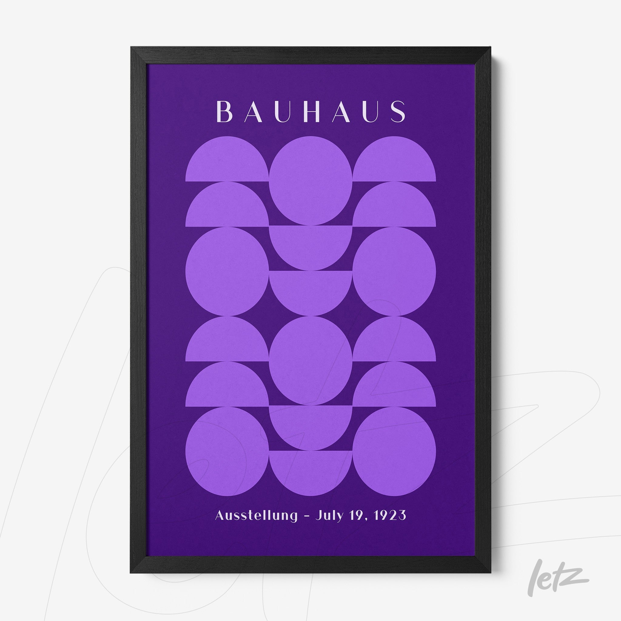 poster print with purple abstract Bauhaus style art in black frame