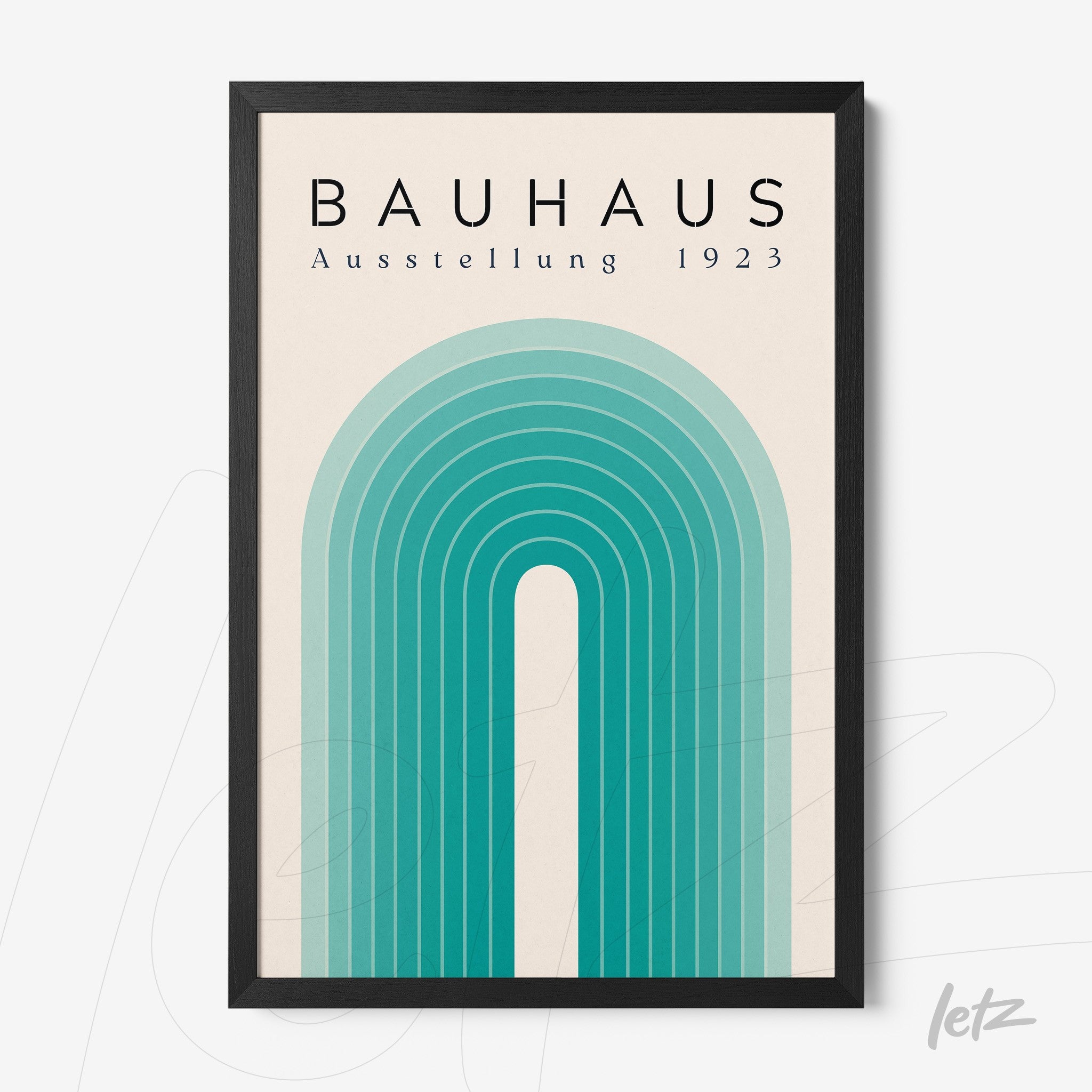 poster with a blue geometric arch illustration in a black frame