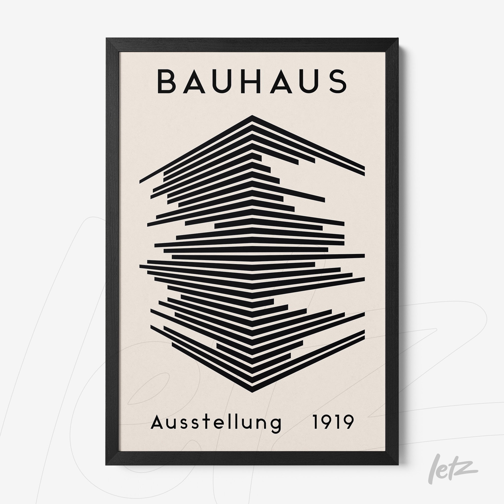 poster featuring geometric design inspired by the Bauhaus movement, displayed in a black frame