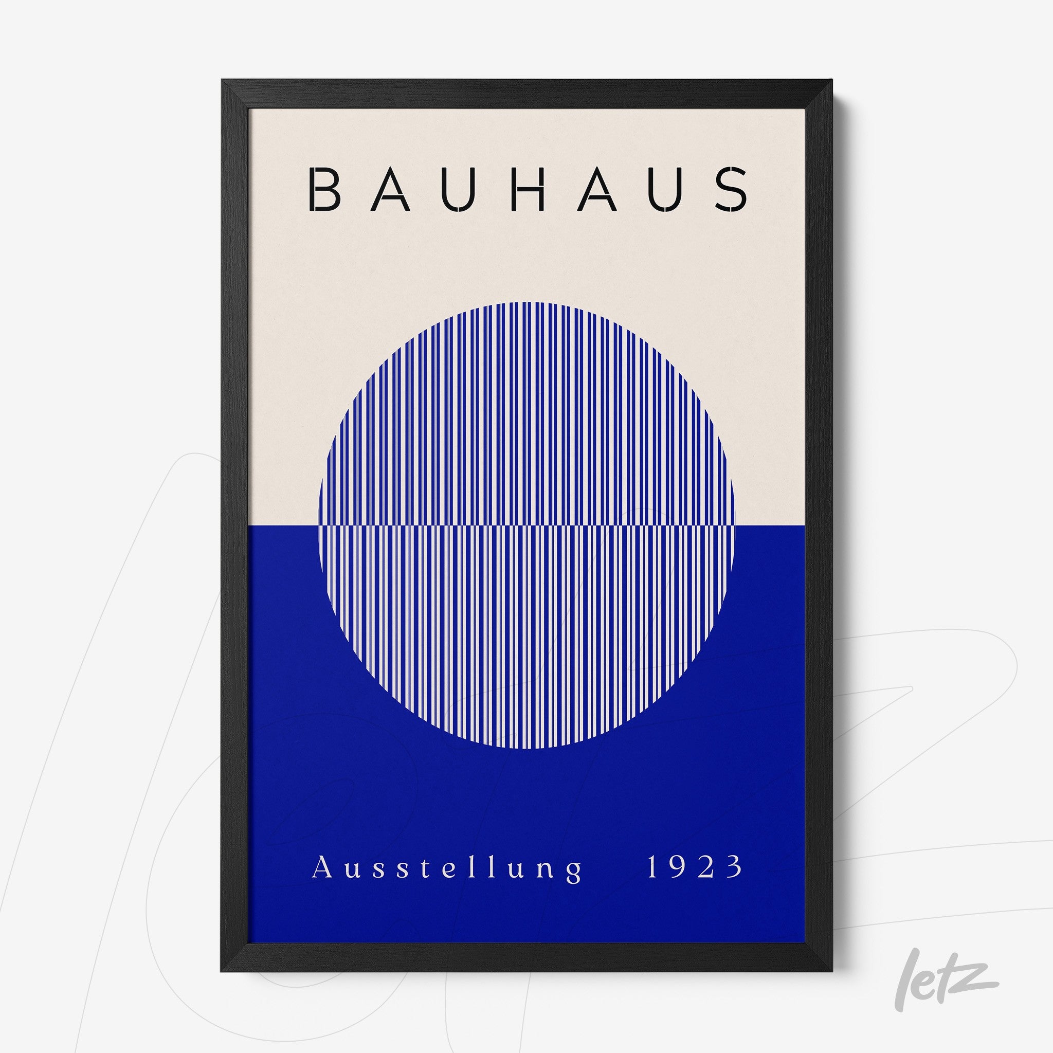 framed wall art inspired by Bauhaus 1923 with black frame, featuring blue and beige background