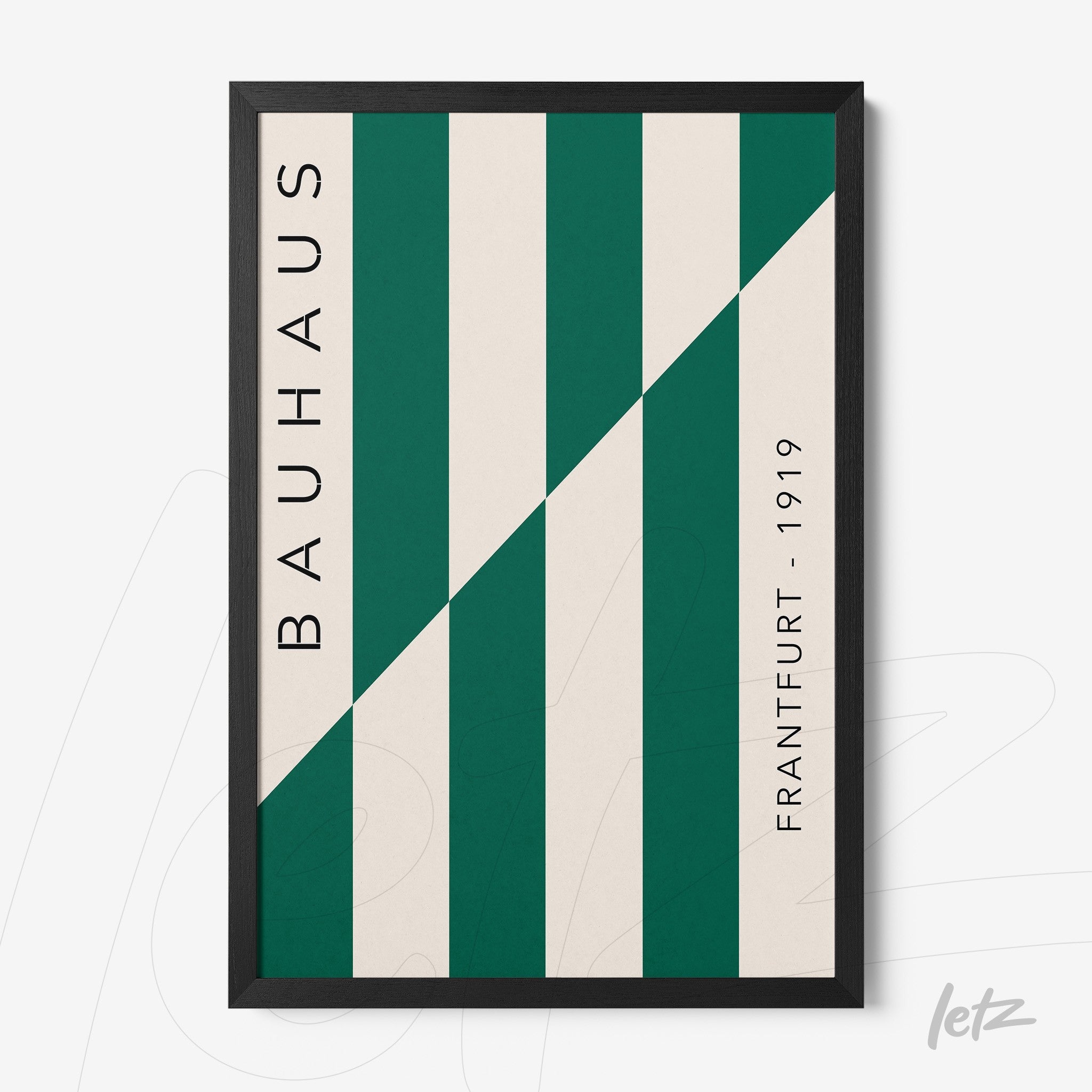abstract Bauhaus style art with green and cream stripes in black frame