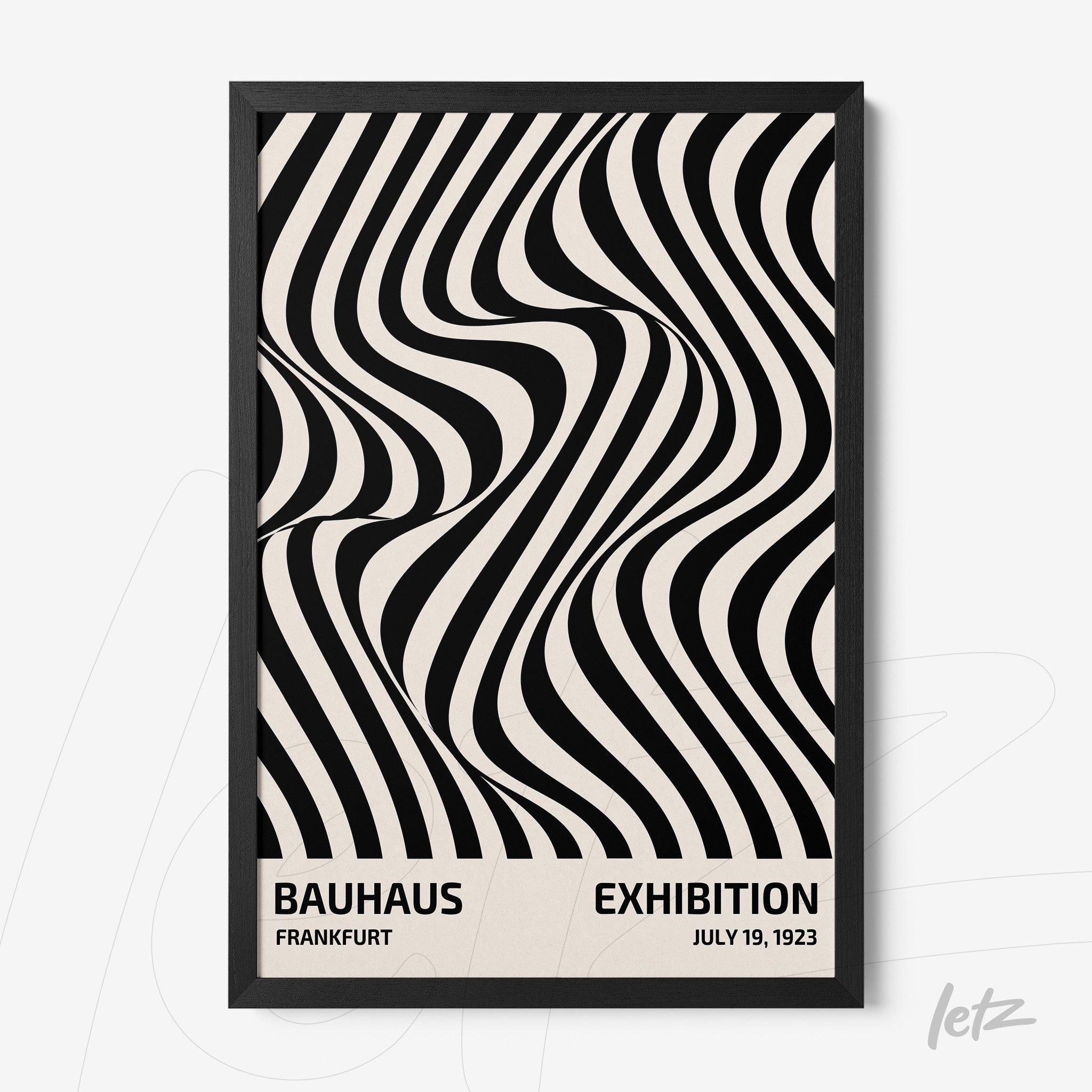 poster of black and white wavy lines with Bauhaus text in black frame